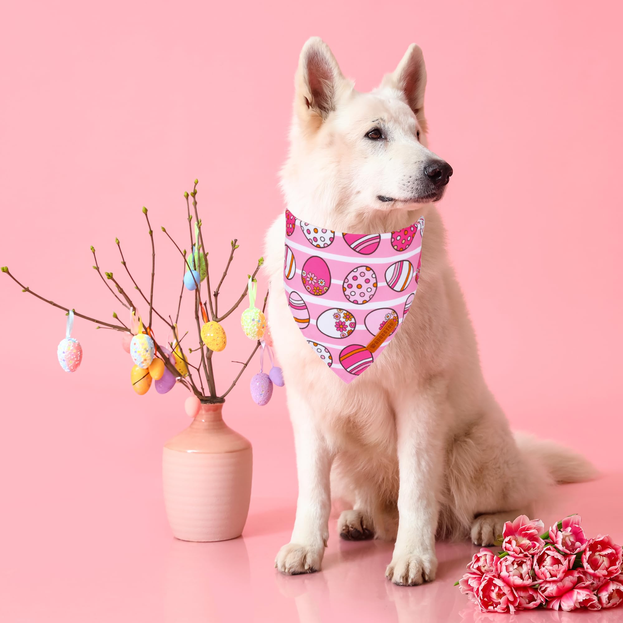 ADOGGYGO Easter Dog Bandana, Pink Bunny Scarf, Premium Durable Fabric, Adjustable Fit Female Pet Easter Bandanas for Extra Large