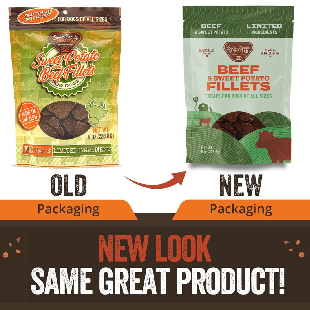 Gaines Family Farmstead Beef & Sweet Potato Filelts for Dogs, All-Natural, Grain-Free, Healthy Dog Treats for All Ages & Breeds,