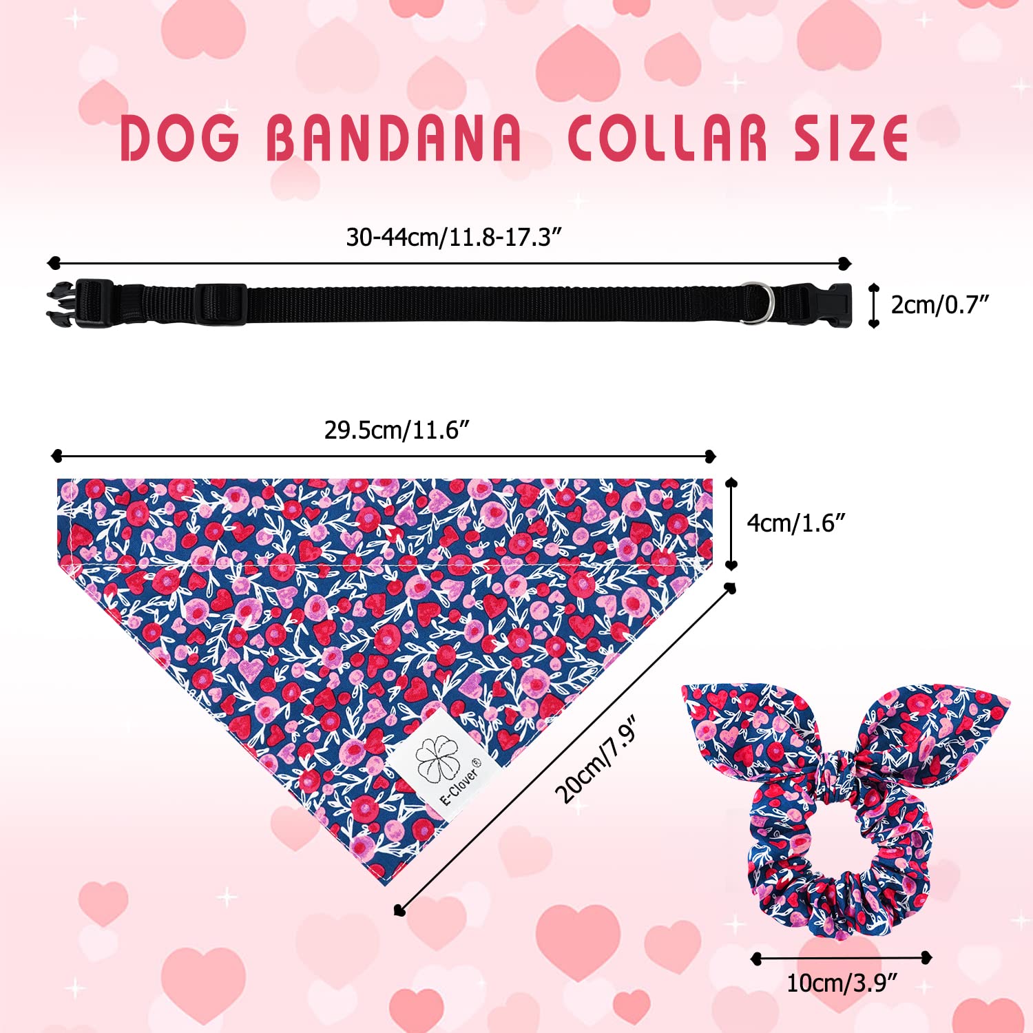 E-Clover Valentines Day Dog Collar Bandana Girl & Matching Scrunchie Set Heart Dog Collars Pet Accessories Adjustable For Small