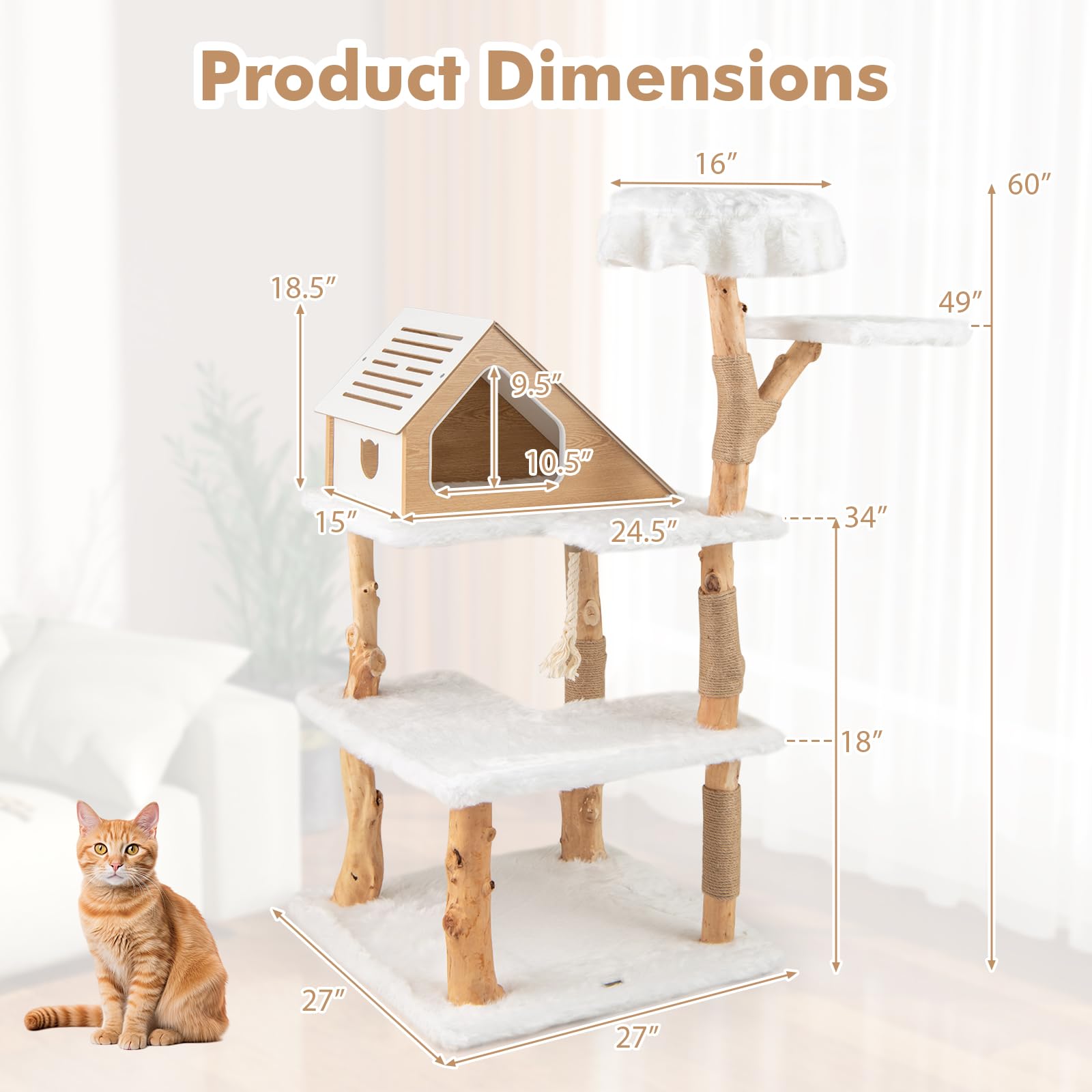 Tangkula Solid Wood Cat Tree, Modern Wooden Cat Tower With Jute Scratching Posts, 2 Perches, Condo, Sisal Rope, Soft Long Plush,