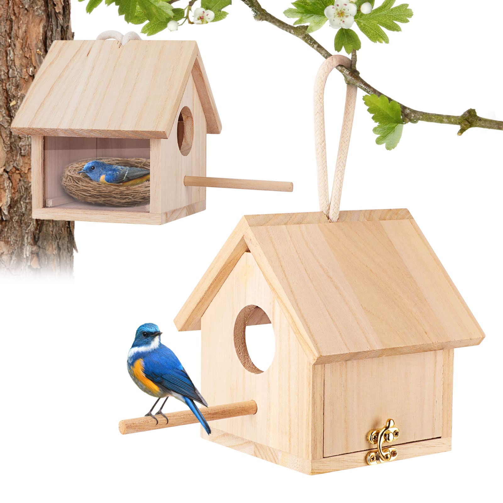 GINDOOR Bird Houses for Outside Clearance with Pole, Wood Birdhouse Blue Bird House Birdhouses for Outdoors Hanging Garden Patio