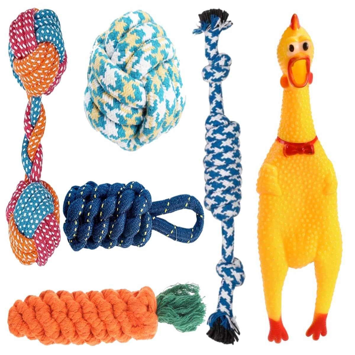 Kittupet Combo Cotton Rope Toys, Interactive Squeaky Chew Teething Toys, Training Tug Toys For Small To Medium Dogs And Puppies 