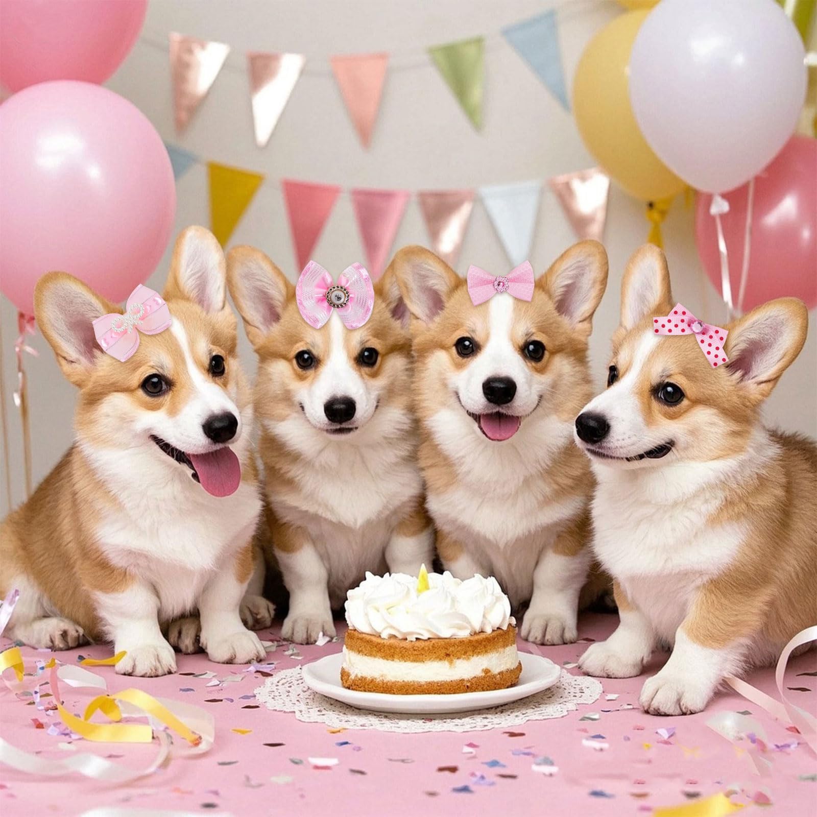 20 Pcs Cute Dog Hair Bows With Rubber Bands Elastic Handmade Mix Style Lace Rhinestone Pearls For Furry Puppy Cat Pet Girl(Novel