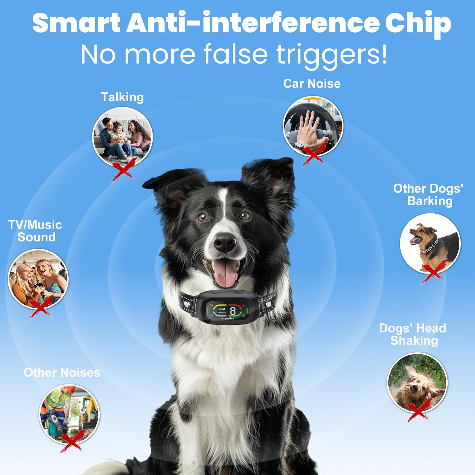 Wagnation Smart Auto Dog Bark Collar, Safe Anti Barking Collar With Adjustable Beep Vibration Shock Modes & 9 Sensitivity, Ip67