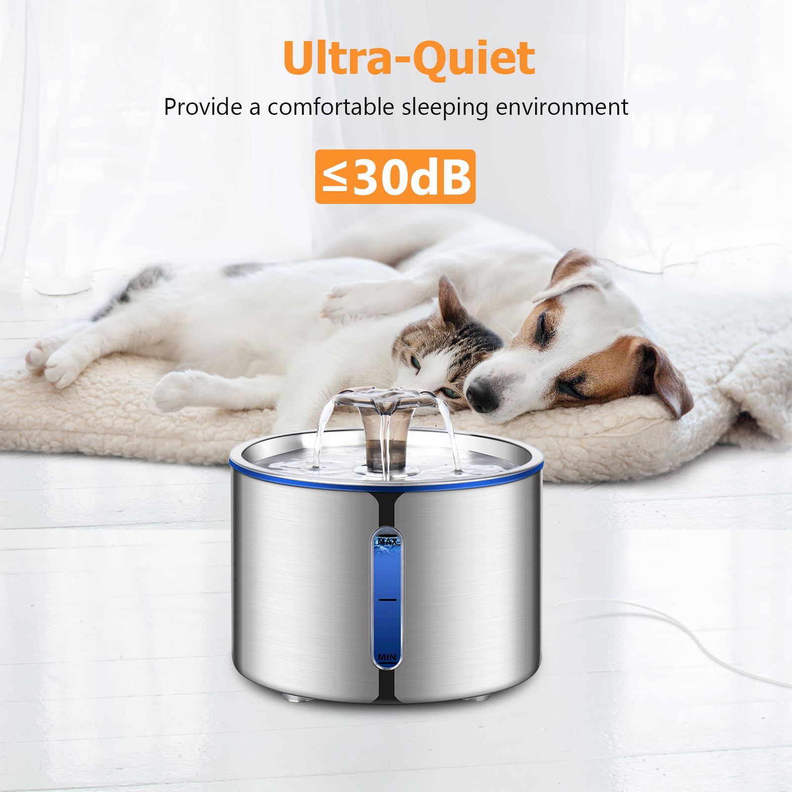 Boorca Cat Fountain, 84Oz/2.5L Stainless Steel Pet Water Fountain, Automatic Dog Water Dispenser, Water Level Window, Ultra-Quie