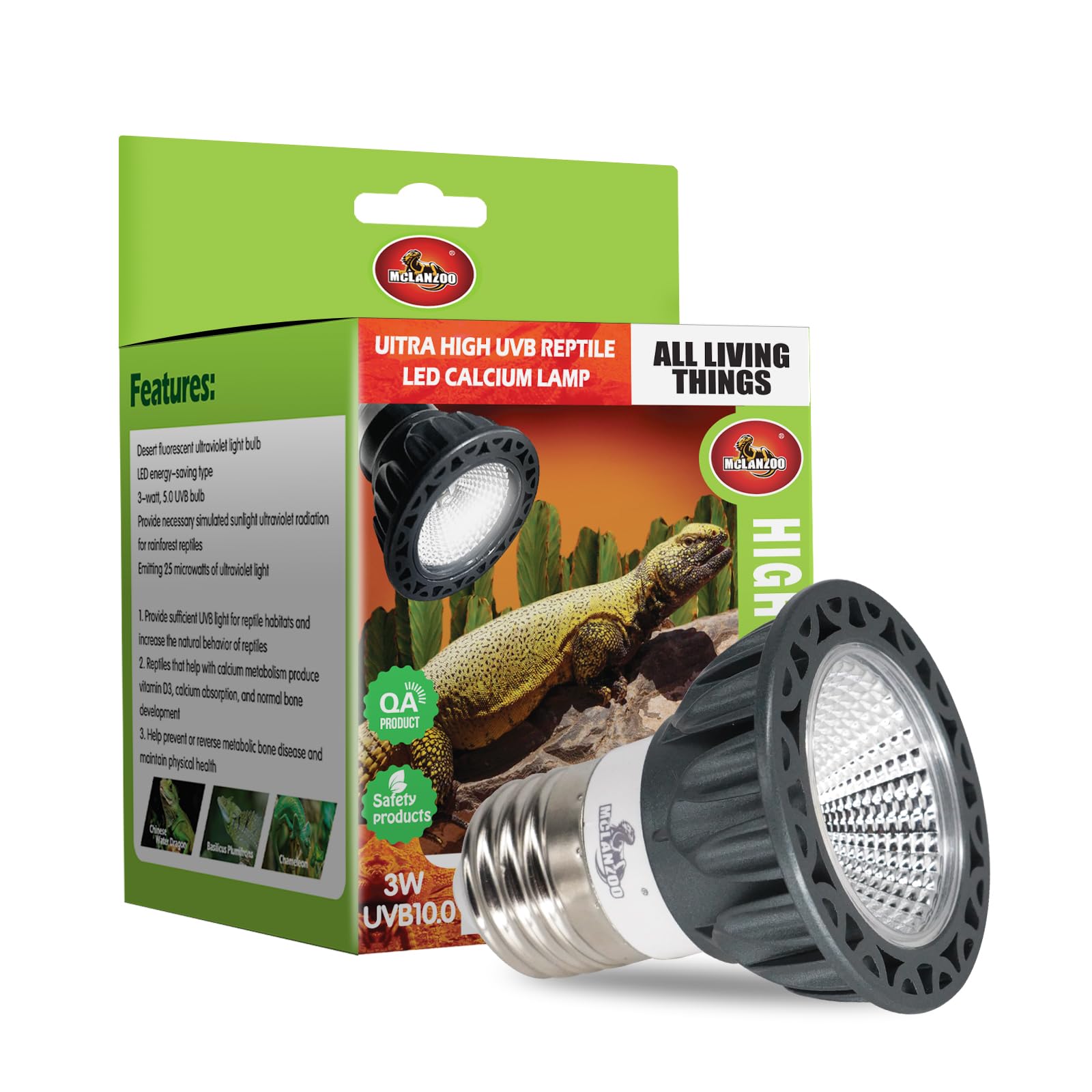 Mclanzoo Uvb Reptile Light High Intensity Led Bulb 3W 10.0 Turtle Calcium Lamp Full Spectrum Sun Heat Lamp For Desert Reptile,Tu