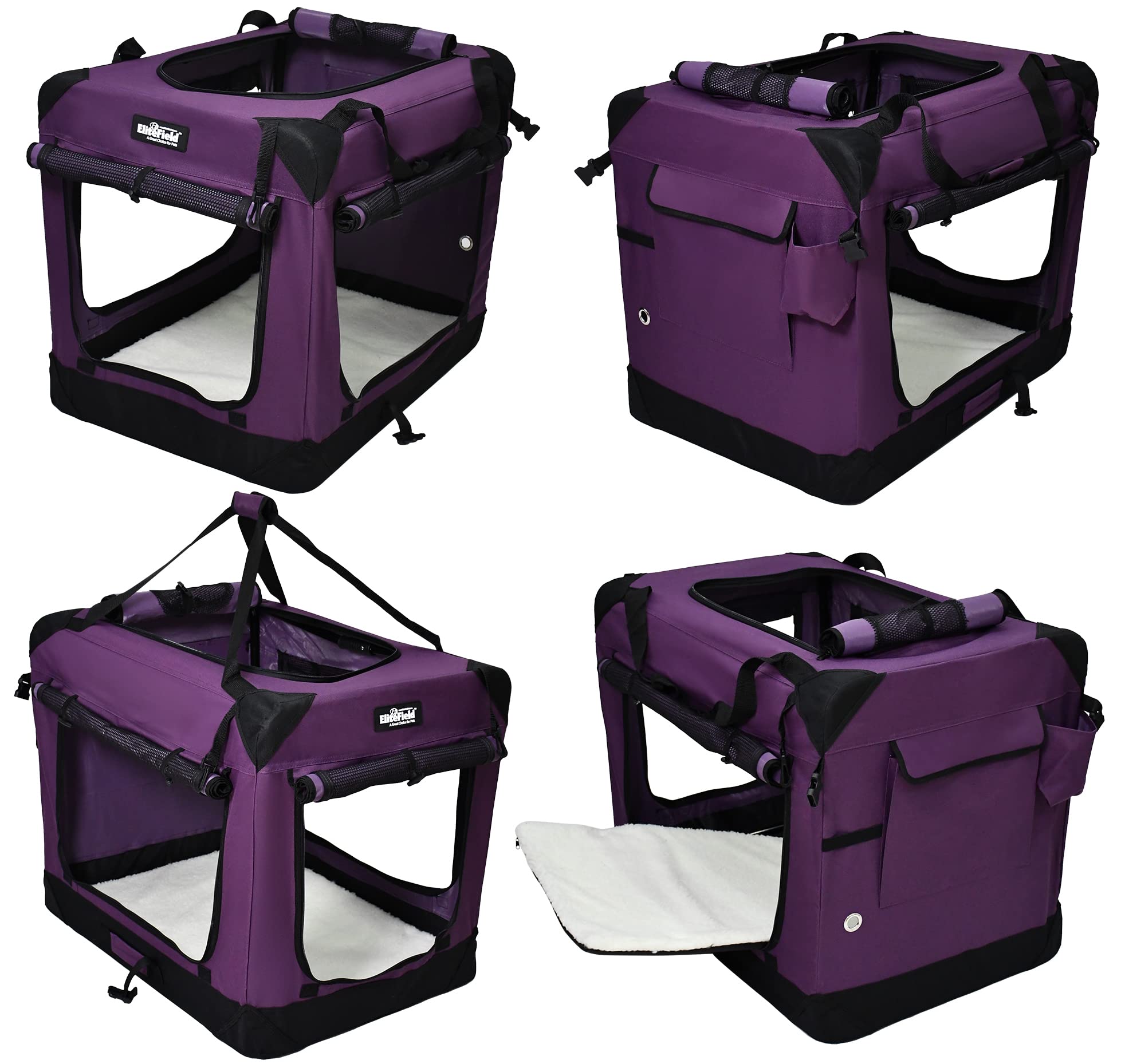Elitefield 4-Door Folding Soft Dog Crate With Curtains, Carrying Bag And Fleece Bed (2 Year Warranty), Indoor & Outdoor Pet Home (30' L X 21' W X 24' H, Purple+4 Door Curtains)