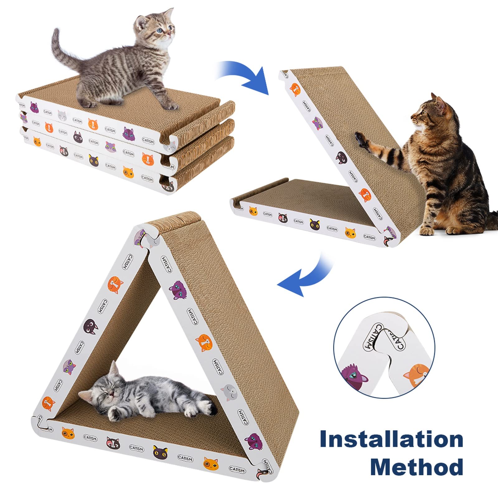 Catism Cat Scrather Cat Scratching Board - Foldable - Triangle, 6 Usable Sides Cat Scratchers For Indoor Cats, Durable Recyclabl