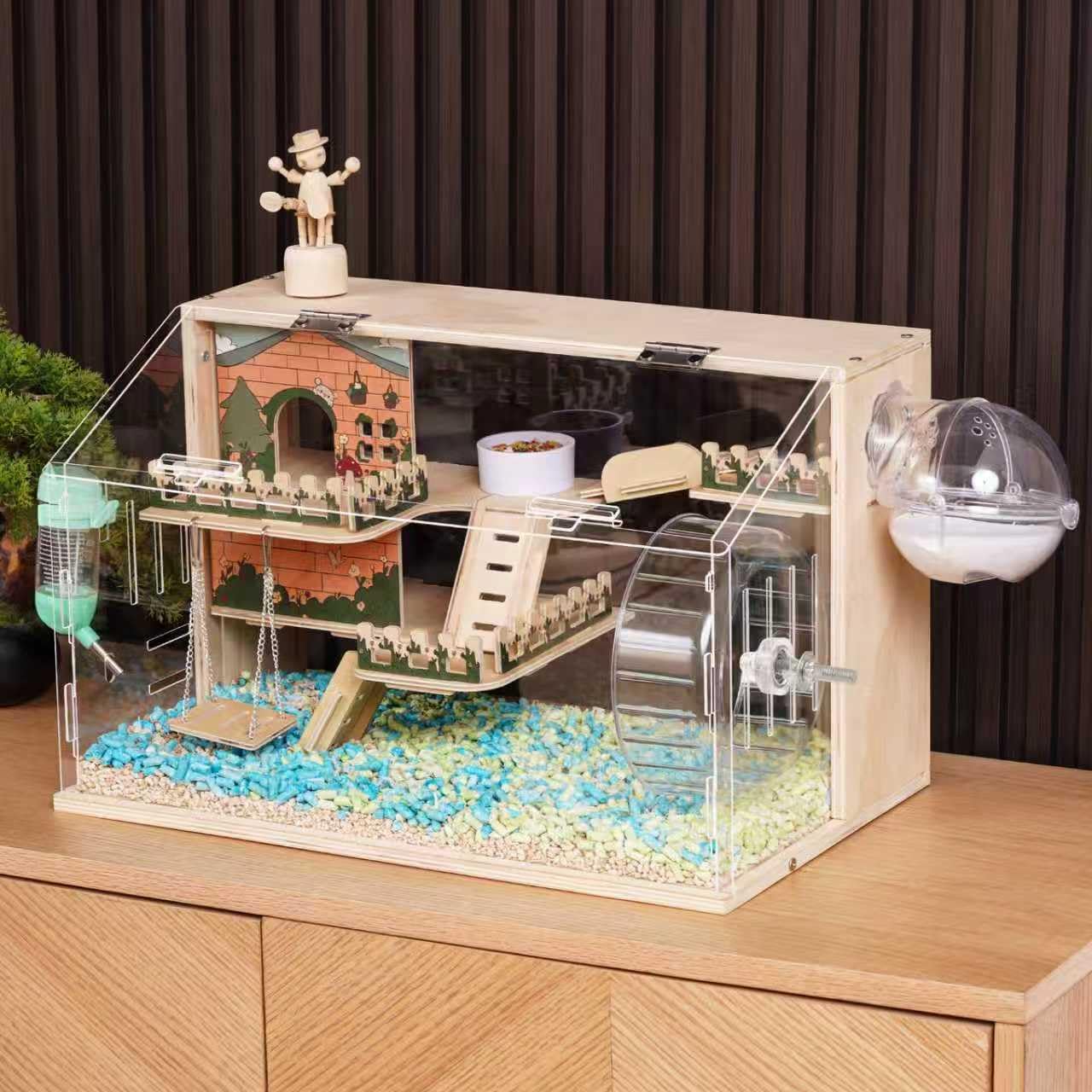 11 in 1 Wooden Hamster Cage with All Accessories, 19.3 3-Layer Dwarf Hamster Cage Acrylic,Small Animal Cages, Pastoral Style Mou