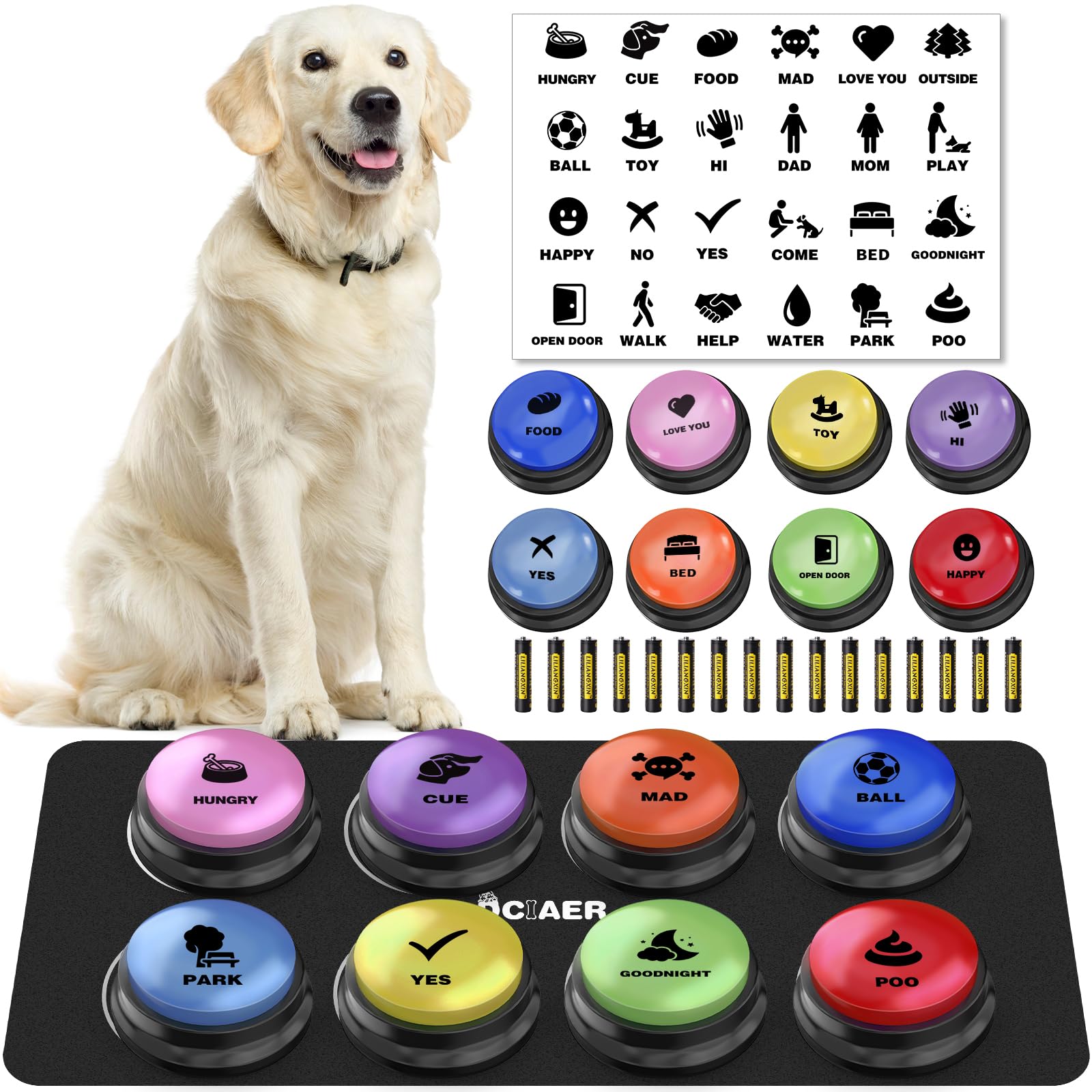 Dciaer Dog Buttons For Communication, 8 Pcs Dog Talking Button Set,30 Seconds Recordable Pet Training Buzzer,With Training Manua