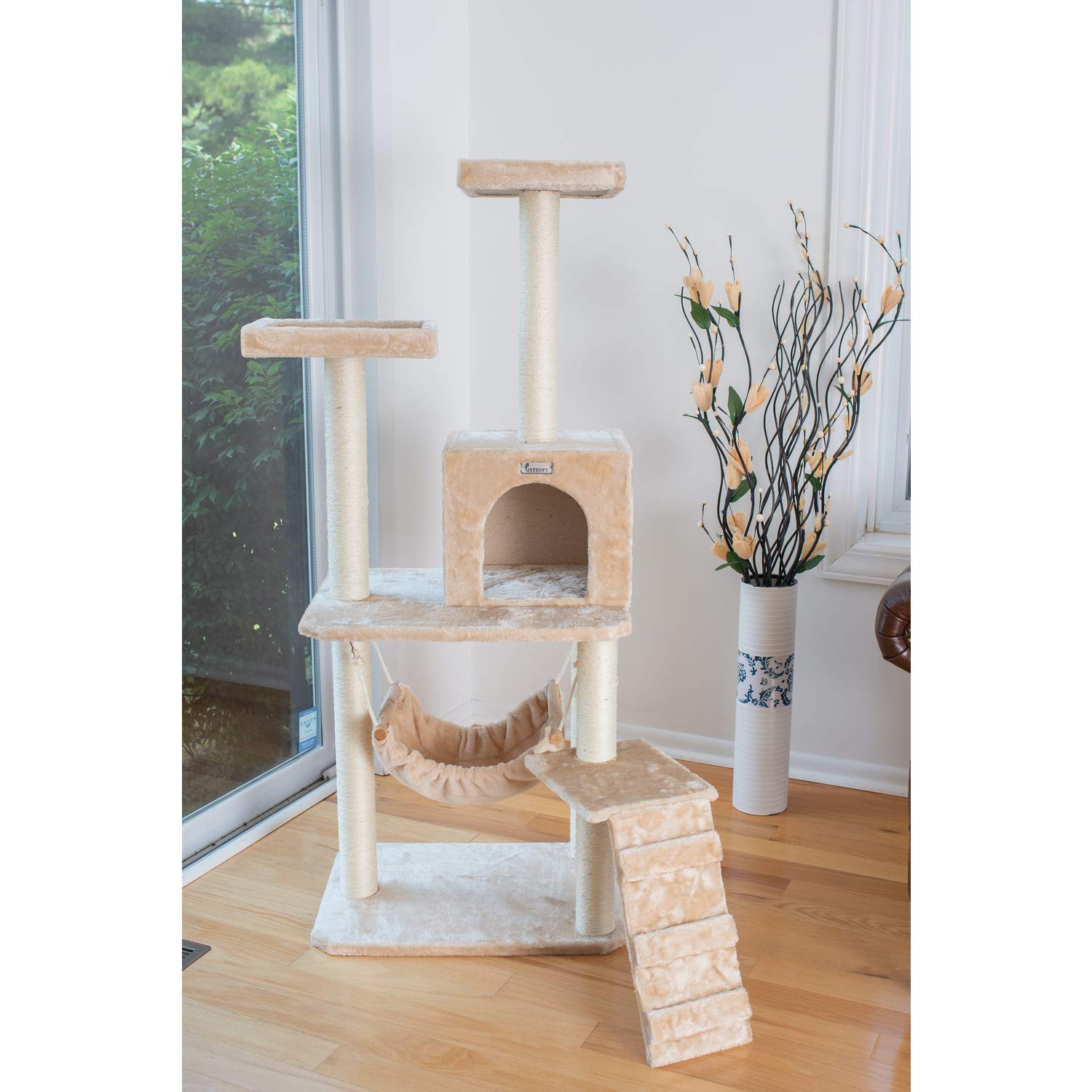 GleePet GP78570921 Cat Tree with Ramp, 57-Inch, Beige