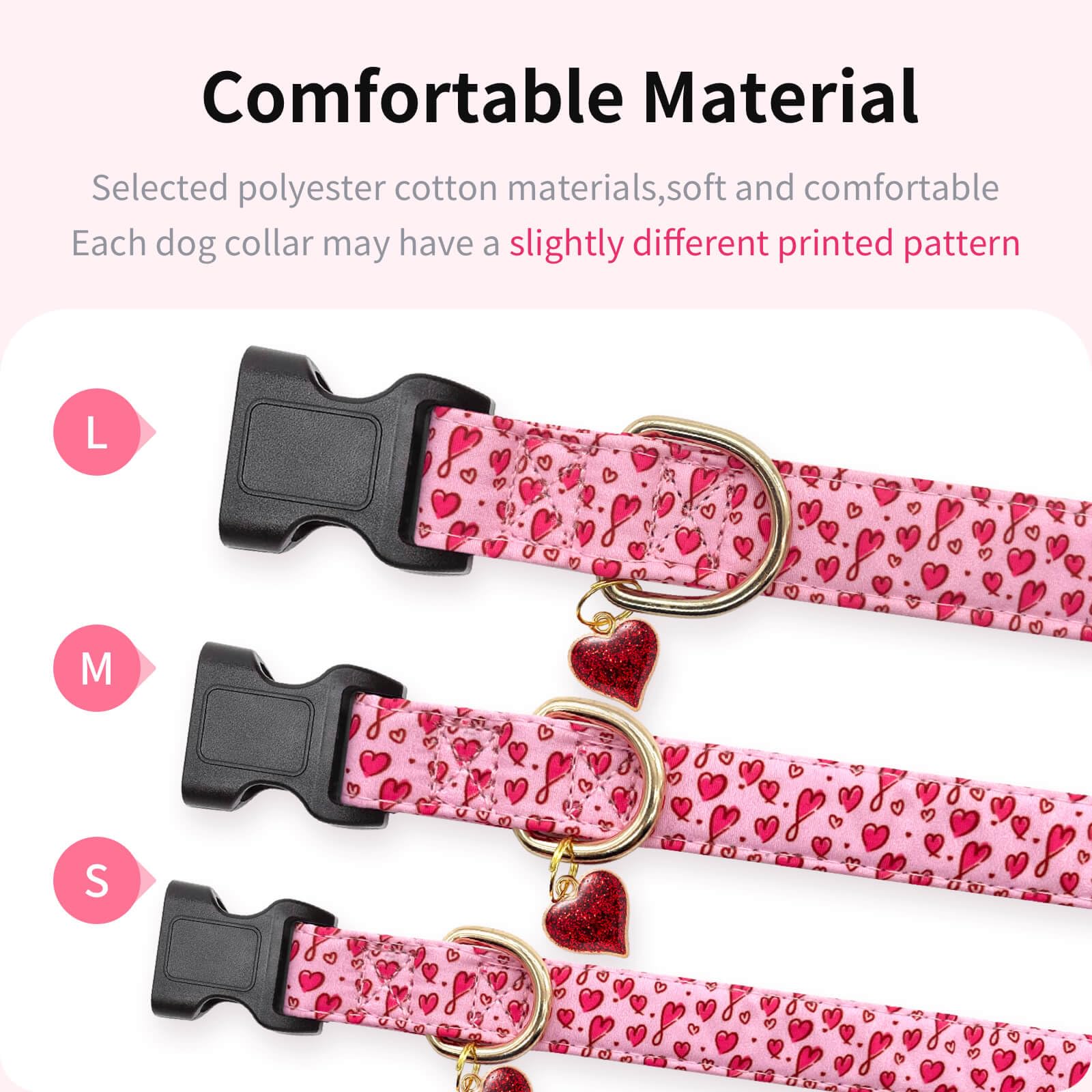 Gelwoo Cotton Dog Collar,Valentine's Day Soft and Cute Puppy Collars with Hearts Patterned Design for Girl Female Boy Dogs,Adjus