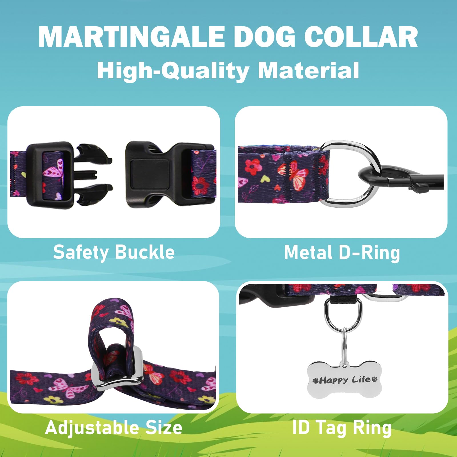Fidohug Martingale Collar With Buckle Purple Nylon Adjustable Cute Girl Female Dog Collars (Butterfly Floral, Small)