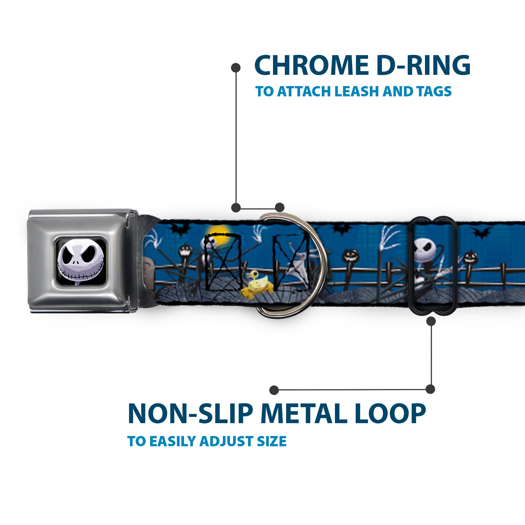 Dog Collar Seatbelt Buckle Nightmare Before Christmas Jack Zombie Duck Zero Cemetery 18 To 32 Inches 1.5 Inch Wide