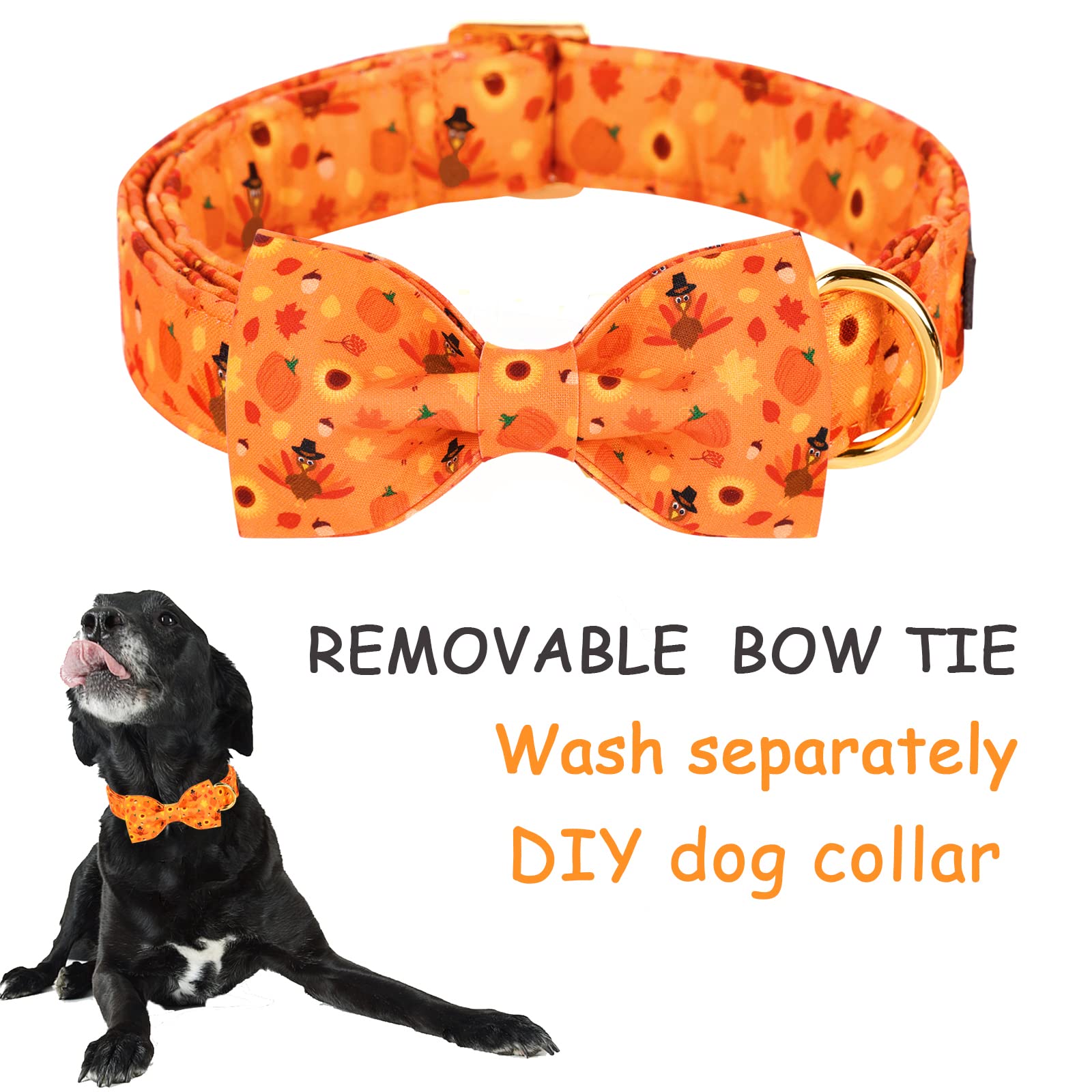 Unique Style Paws Halloween& Dog Collar With Bow Tie Pumpkin Cotton Collar Adjustable Puppy Collar Best Thanksgiving Gift For Small Medium Large Dogs-Turkey & Pumpkin Theme-Xl