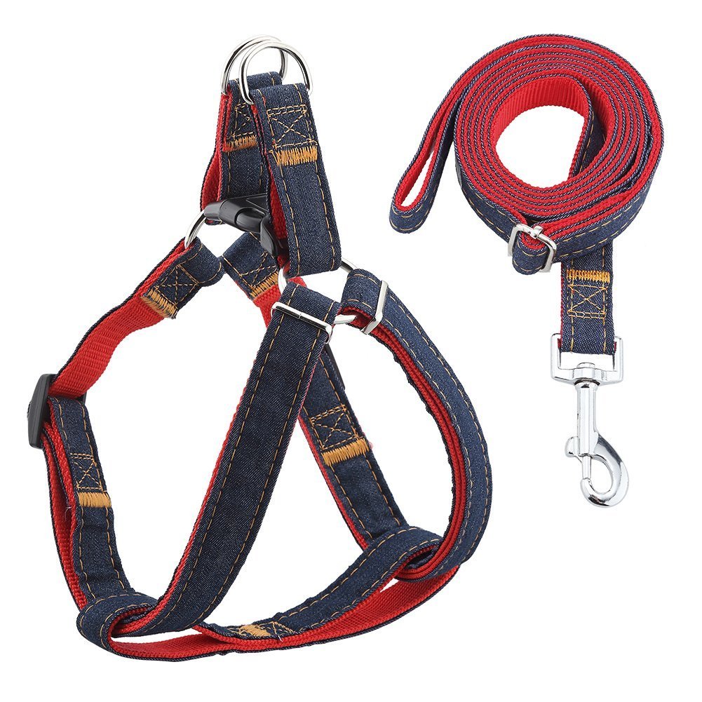 Hypeety Dog Denim Leash Harness Adjustable Heavy Duty Durable Dog Collar No-Pull For Training Walking Running, Good For Large Medium Small Dog (L (11.81'-17.77' Chest Girth))