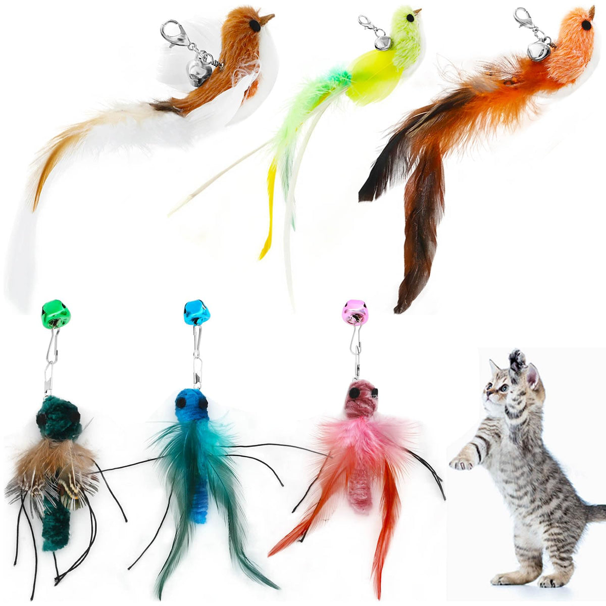 Subang 6 Pieces Cat Feather Toys Replacement Bird Insect Cat Toy Wand Refills Cats Toy Replacement Natural Bird Feathers For Cat