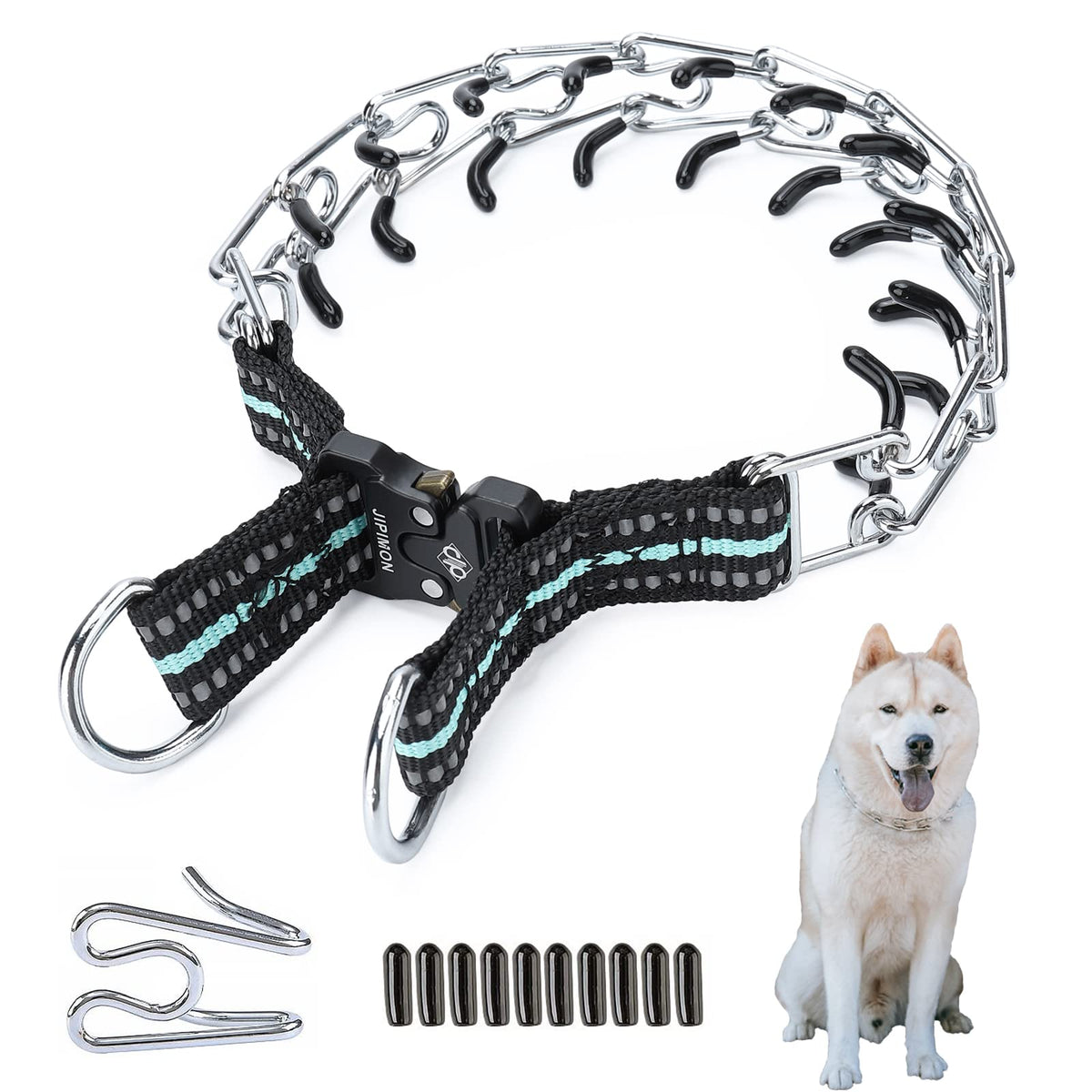 Jipimon Prong Collar For Dogs Adjustable No Pull Dog Choke Pinch Training Collar With Comfortable Rubber Tip For Small Medium Large Dogs (Small, Teal)