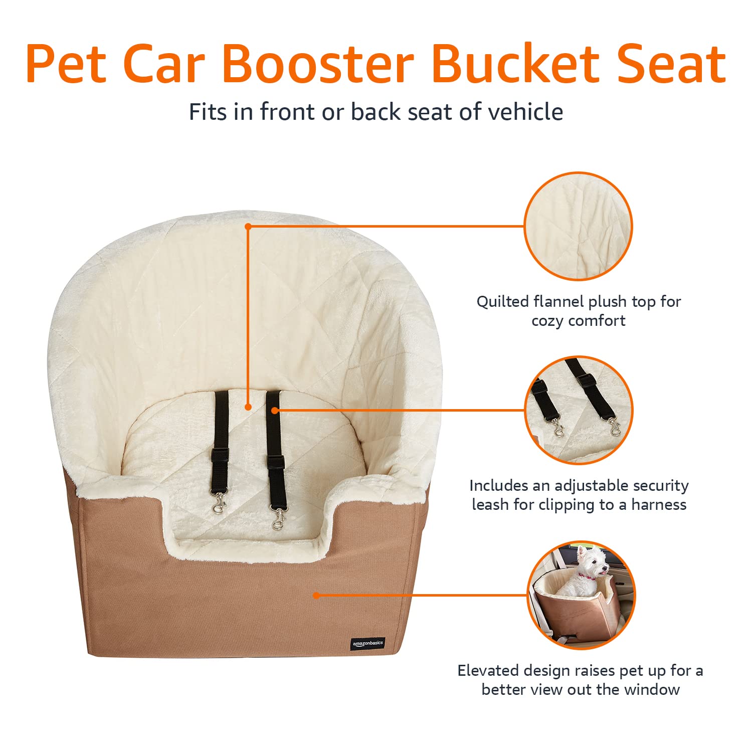 Amazon Basics Pet Car Booster Bucket Seat for Small Pets up to 25lbs, Machine Washable Cover, Clip-On Safety Leash, 18 x 18 x 16