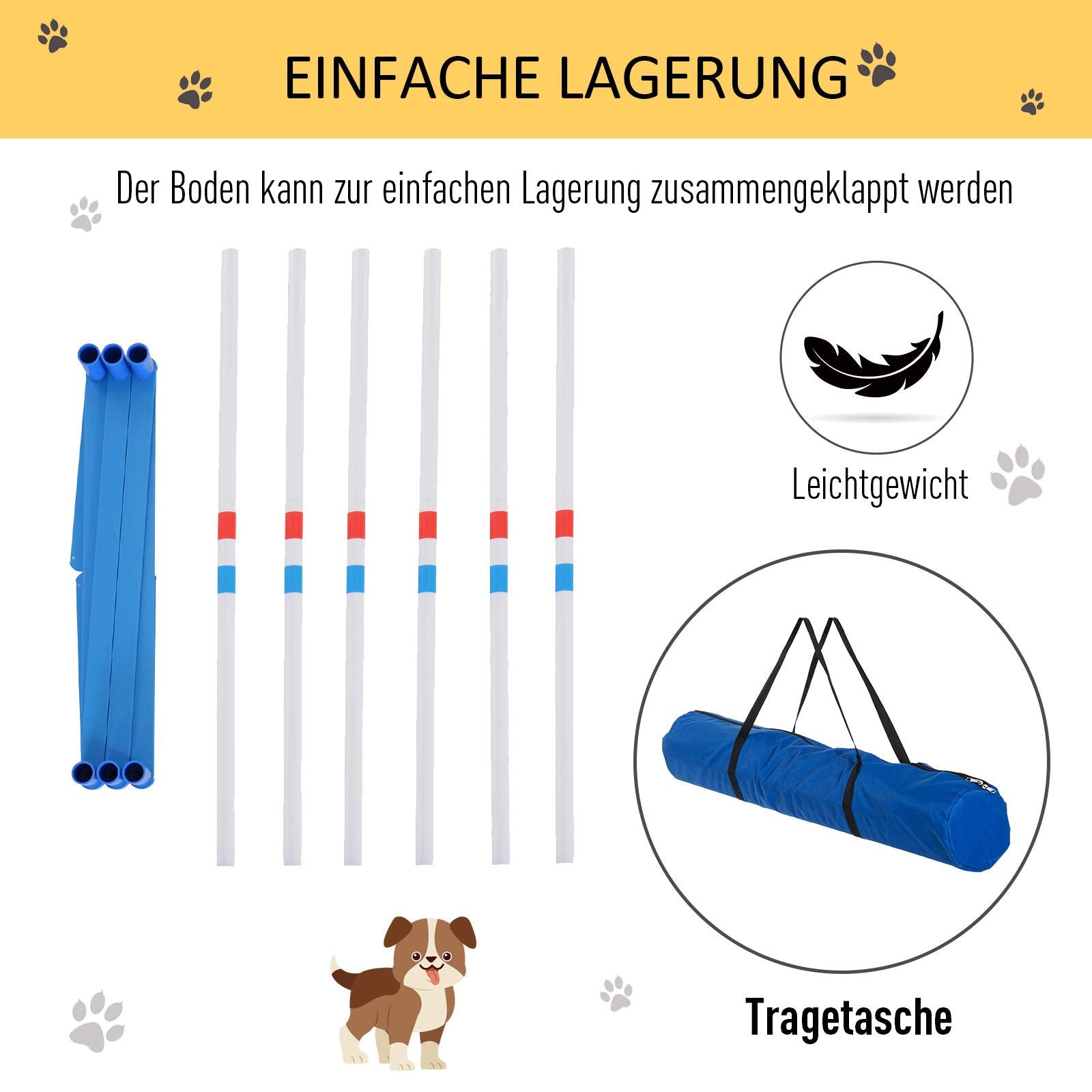 PawHut Dog Agility Training Set - Slalom Poles with 600D Carry Bag, PE Plastic, 305x60x94 cm, White + Blue