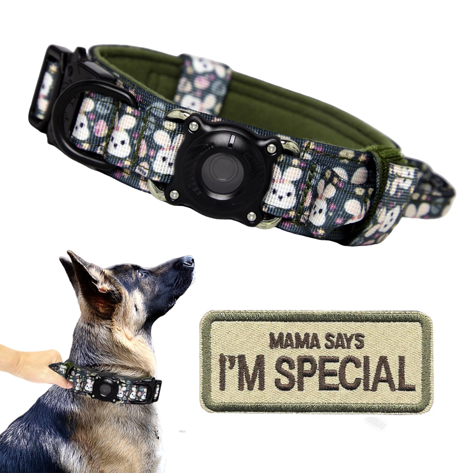 Tactical Dog Collar With Airtag Holder Waterproof Dog Airtag Collar With Control Handle (Rabbit