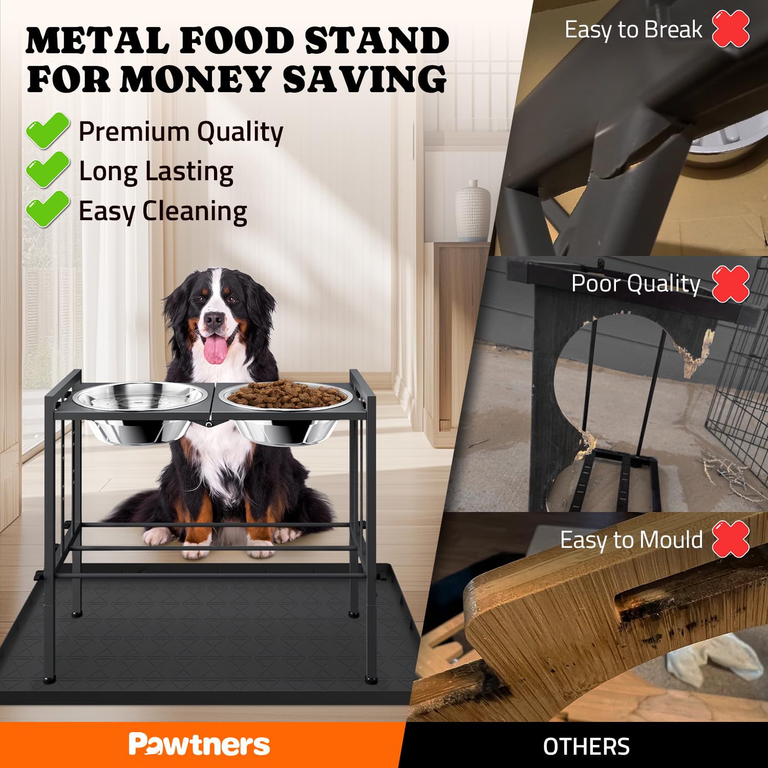 Raised Metal Dog Bowls - Large Breed, 3 Heights, Sturdy Stand For Extra Large Dogs, Black With Mat