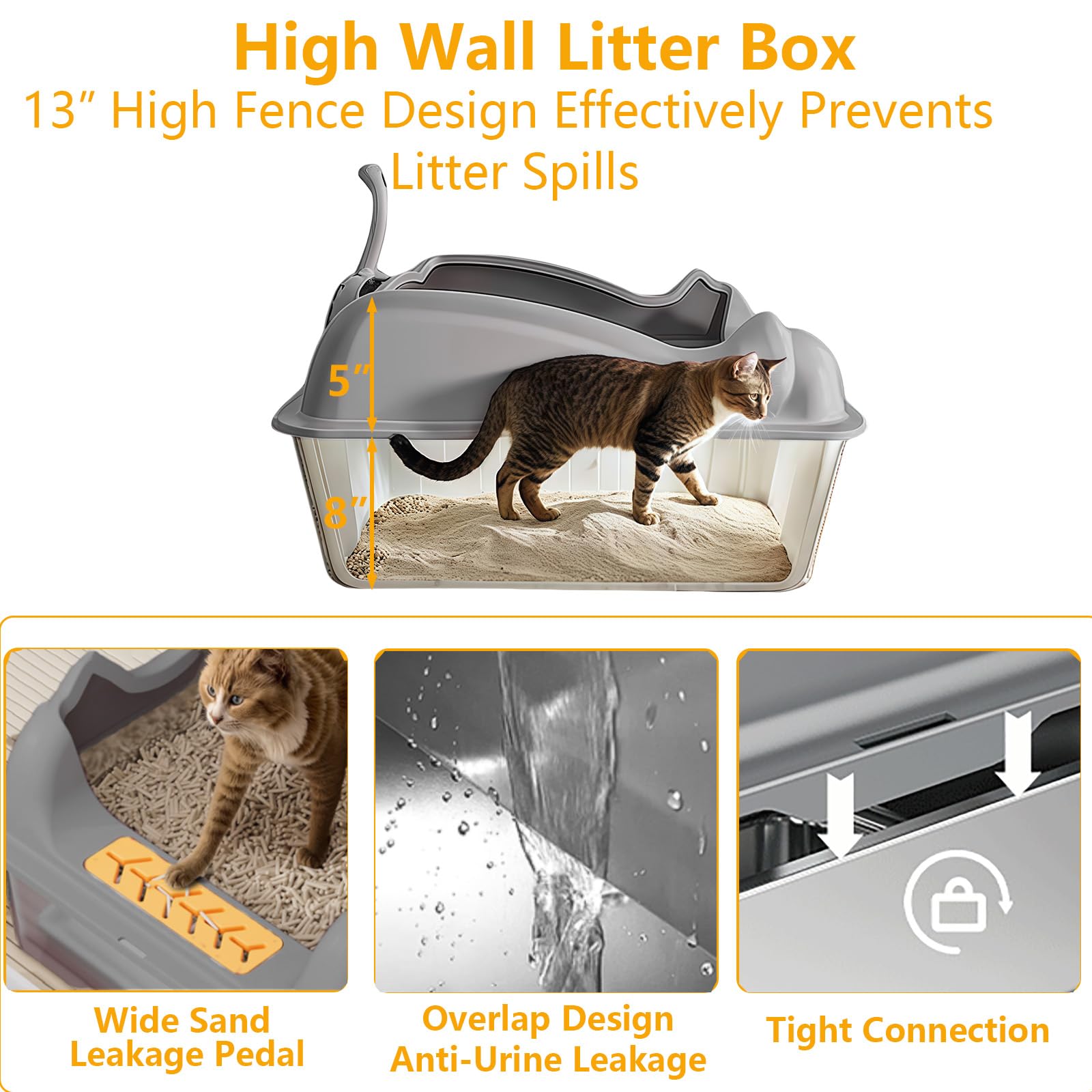 8'' Deep Stainless Steel Litter Box With Lid, Xl Litter Boxes For Big Cats, Metal High Sided Litter Box, Anti-Stick And Anti-Lea