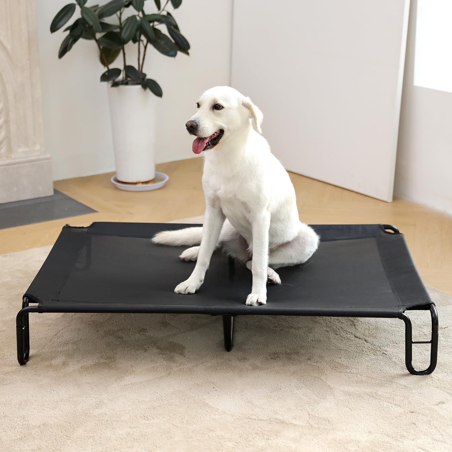 Pettycare Elevated Outdoor Dog Bed - Dog Cots Beds For Large Dogs Xl, Waterproof Raised Dog Bed Easy To Assemble, Cooling Elevated Dog Bed With Teslin Mesh, Durable, Non Slip, Up To 85 Lbs,Black