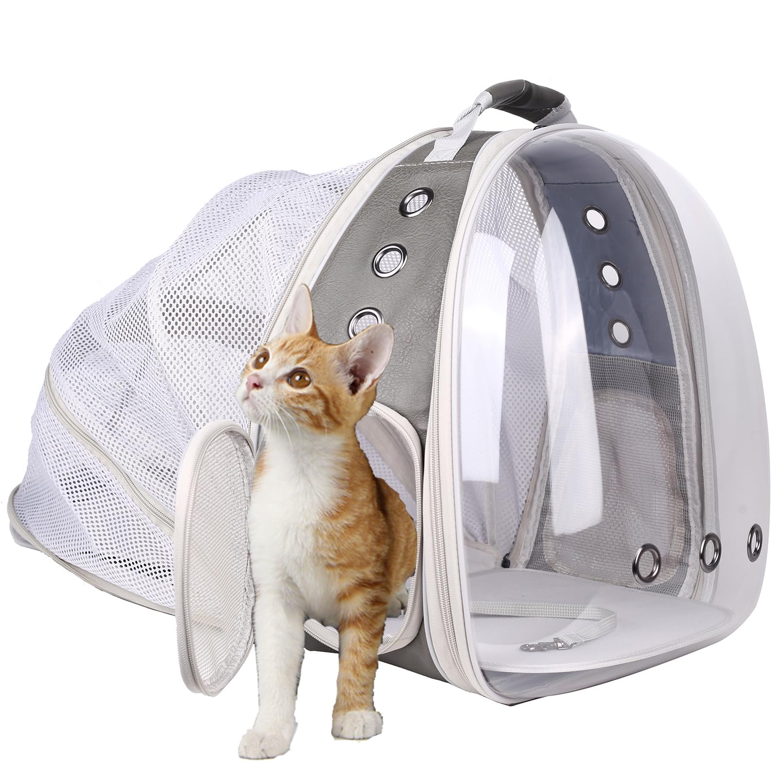 Expandable Pet Carrier Backpack For Cat And Small Dogs, Vented Transparent Space Capsule Astronaut Bubble Window, Pu Leather Gre