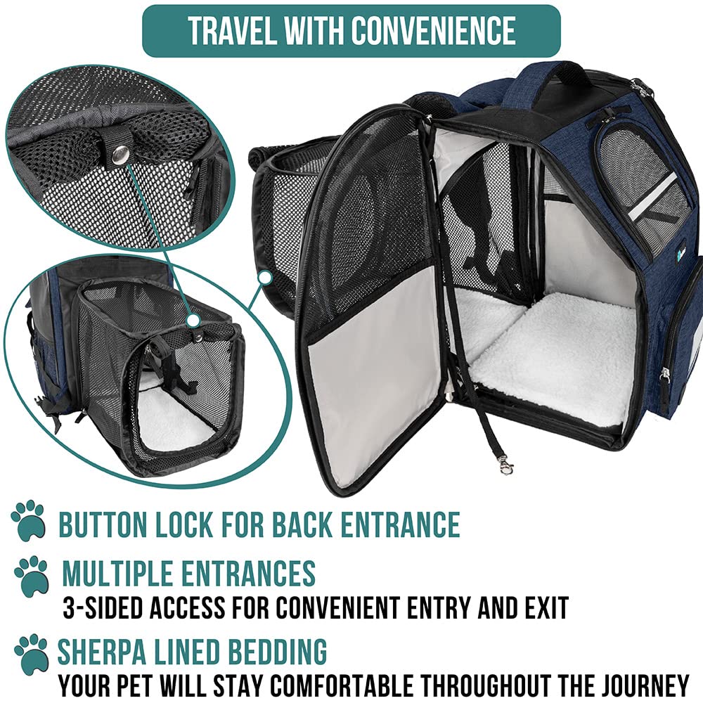 PetAmi Dog Cat Backpack Carrier, Expandable Pet Carrier Backpack for Travel Hiking, Small Medium Dog Puppy Large Cat Carrying Backpack, Airline Approved Ventilated Soft Back Support, 18 lbs, Navy -Like New