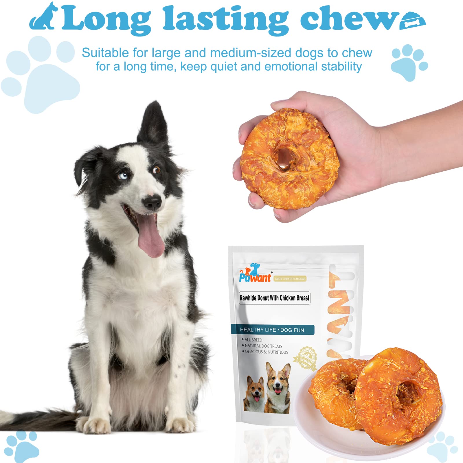 Pawant Dog Treats Long Lasting for Large Dog Clean Teeth Chicken Wrapped Rawhide Donuts 1lb/454g
