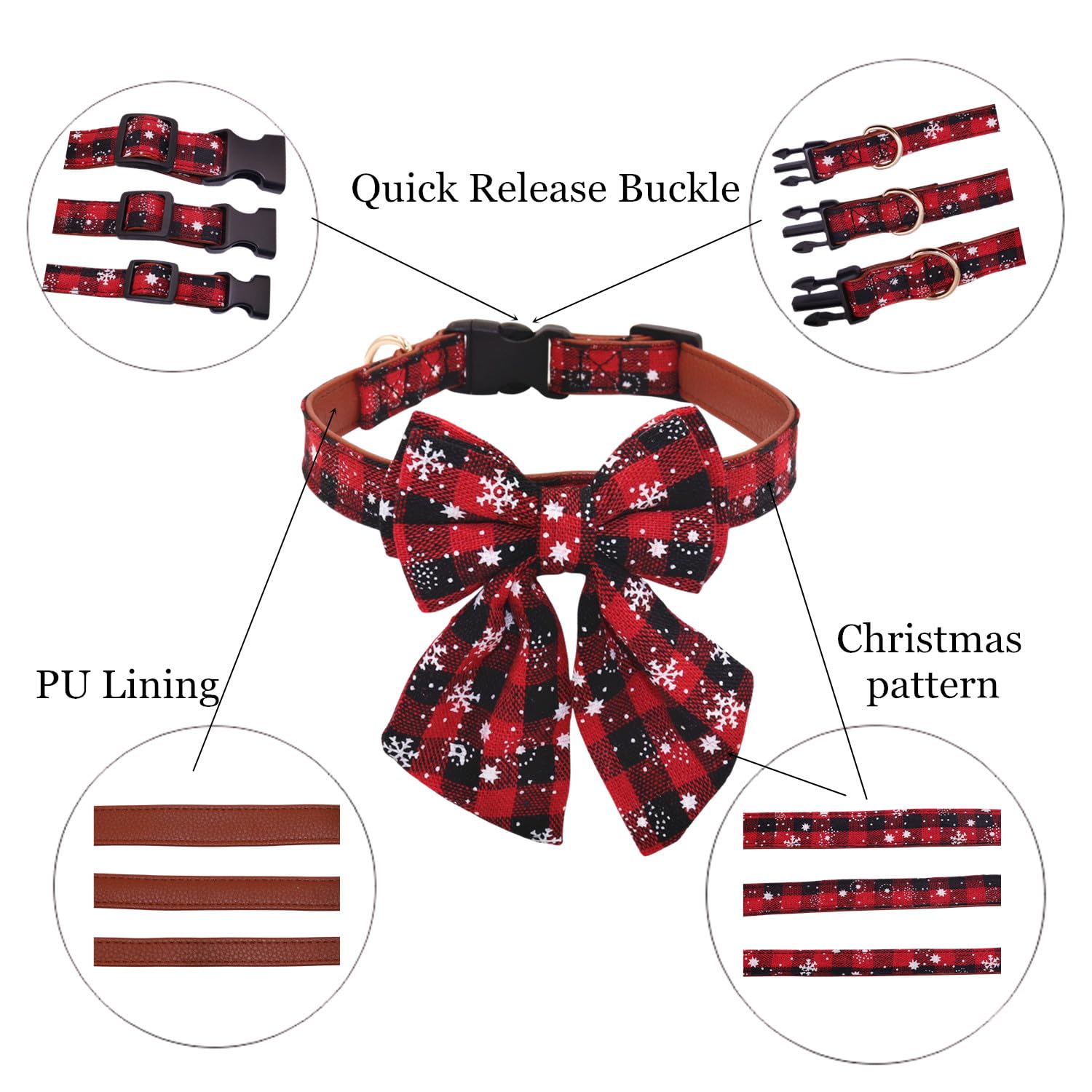 Thain Christmas Dog Collar With Style Bow, Quick Release Plastic Buckle Adjustable Cotton Red Bowtie Dog Christmas Collars For M
