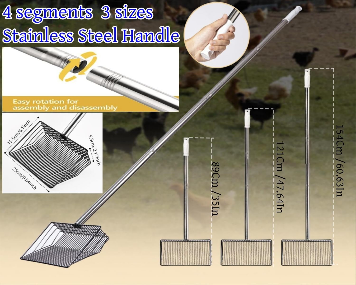 Foandbevi Large Metal Chicken Poop Scooper, 4-in-1 Detachable Tool 20 to 63 inches, Metal Handle, Stainless Steel Chicken Coop C