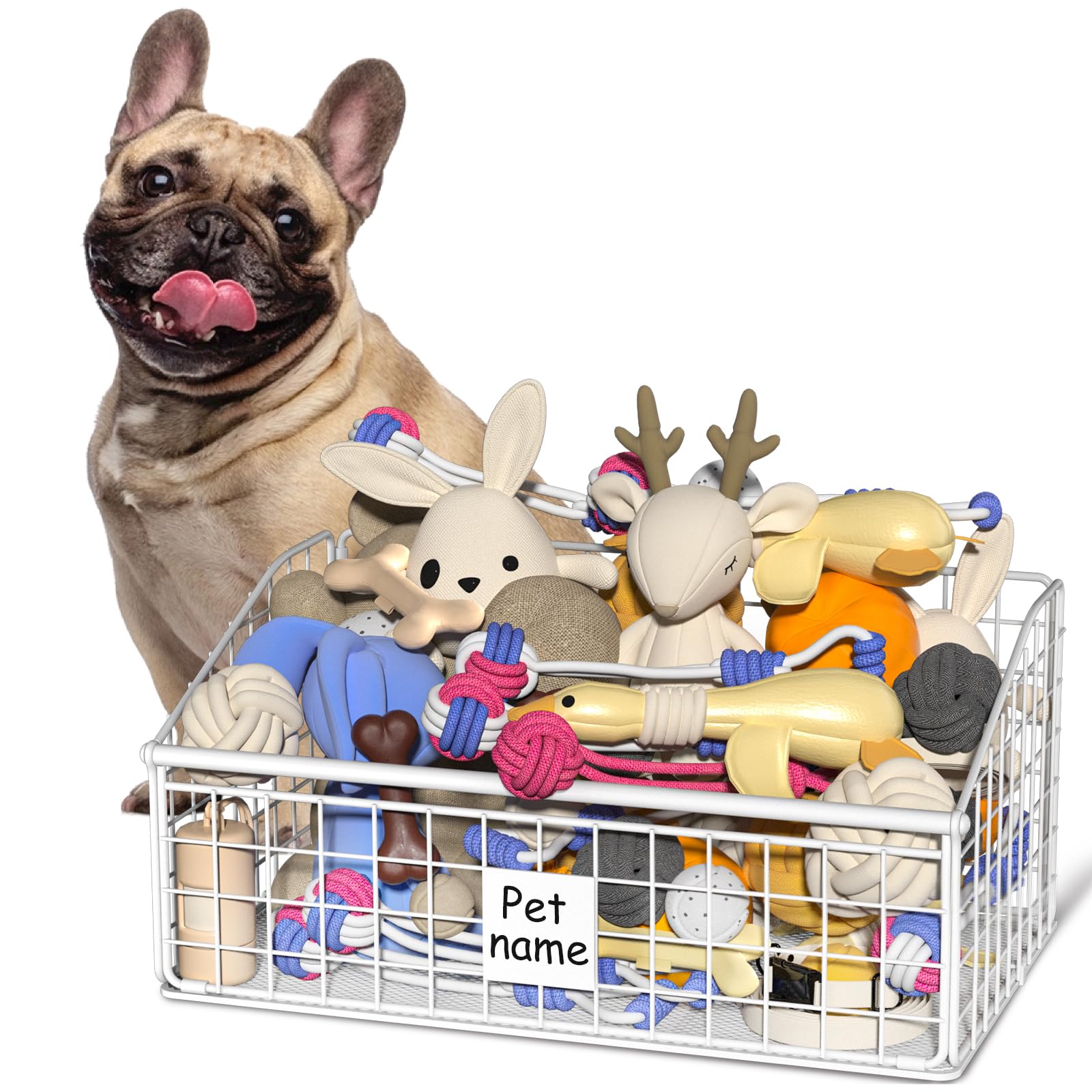 Foellstoe Dog Toy Bin Toy Basket Metal Storage Box with Handles Dog Organizer Chew-Proof White Dog Toy Box Blankets Leashes Ches
