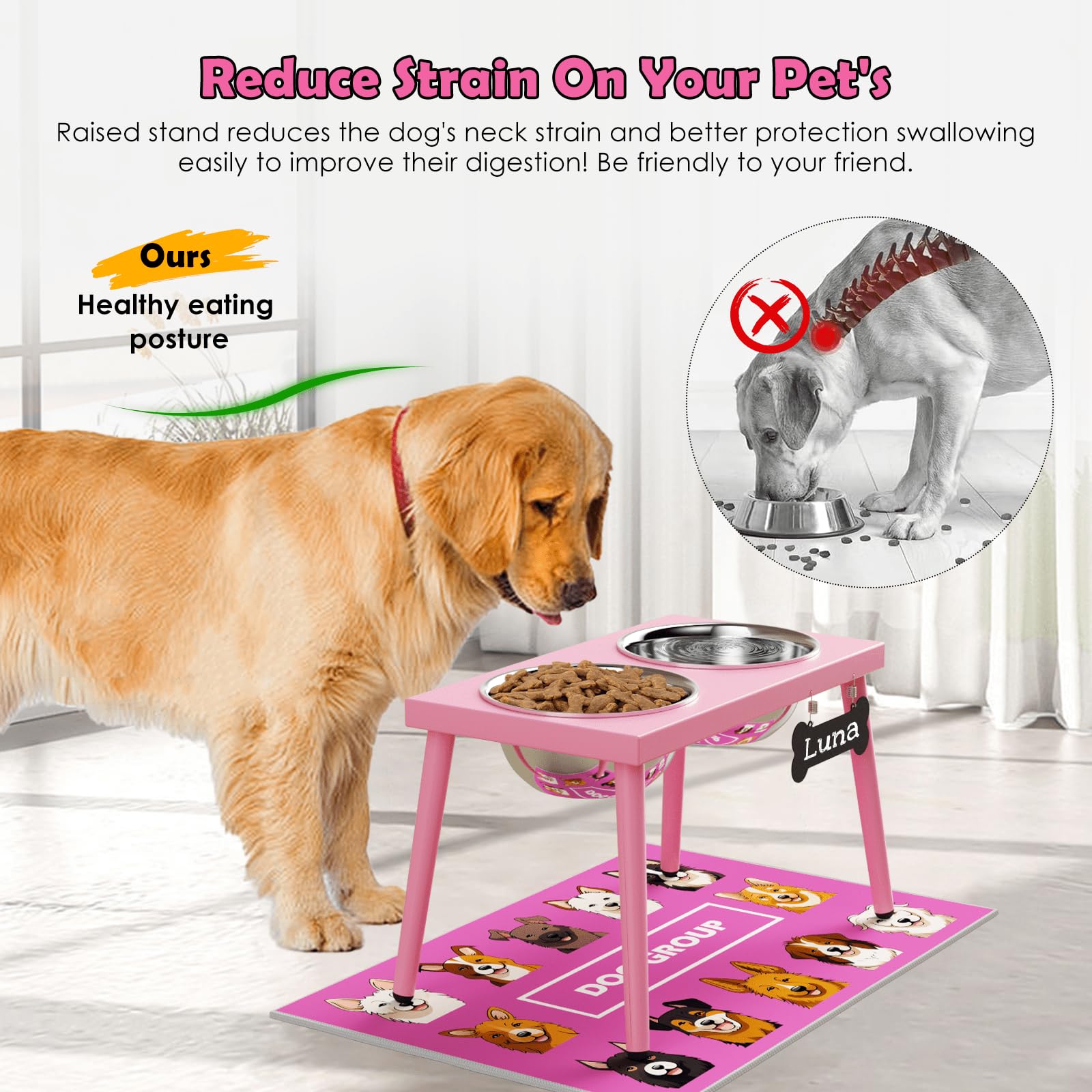 Adengl Raised Dog Bowl Stand For Large Medium Dogs, Elevated Dog Bowls With Sprill Proof Mat &Two 58Oz Stainless Steel Bowls,Pin