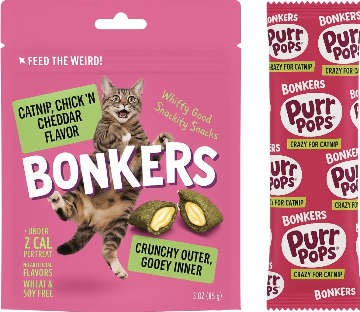 Bonkers Cat Treats, Catnip Chickn Cheddar Flavor, 3 oz Pack with Catnip Purrpop Sample