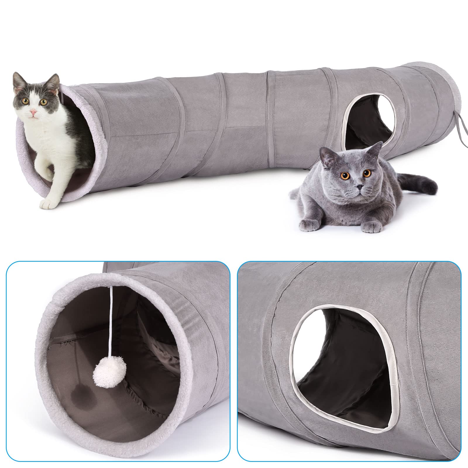 Ownpets Cat Tunnel 48 Inch Long S-Shape Collapsible Cat Play Tunnel With Interactive Feather Wand Large Pet Tunnel Tube Toy For Cat Kitten Kitty Puppy Rabbit