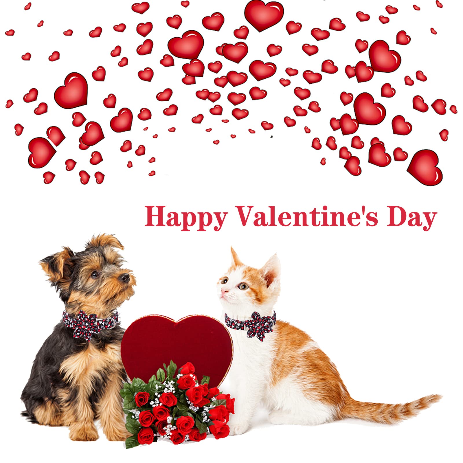 Unique Style Paws Valentine'S Day Dog Collar With Flower Tie Black & Red Heart Puppy Collar Best Gothic Style Gift For Small Medium Large Boys Girls-Xs