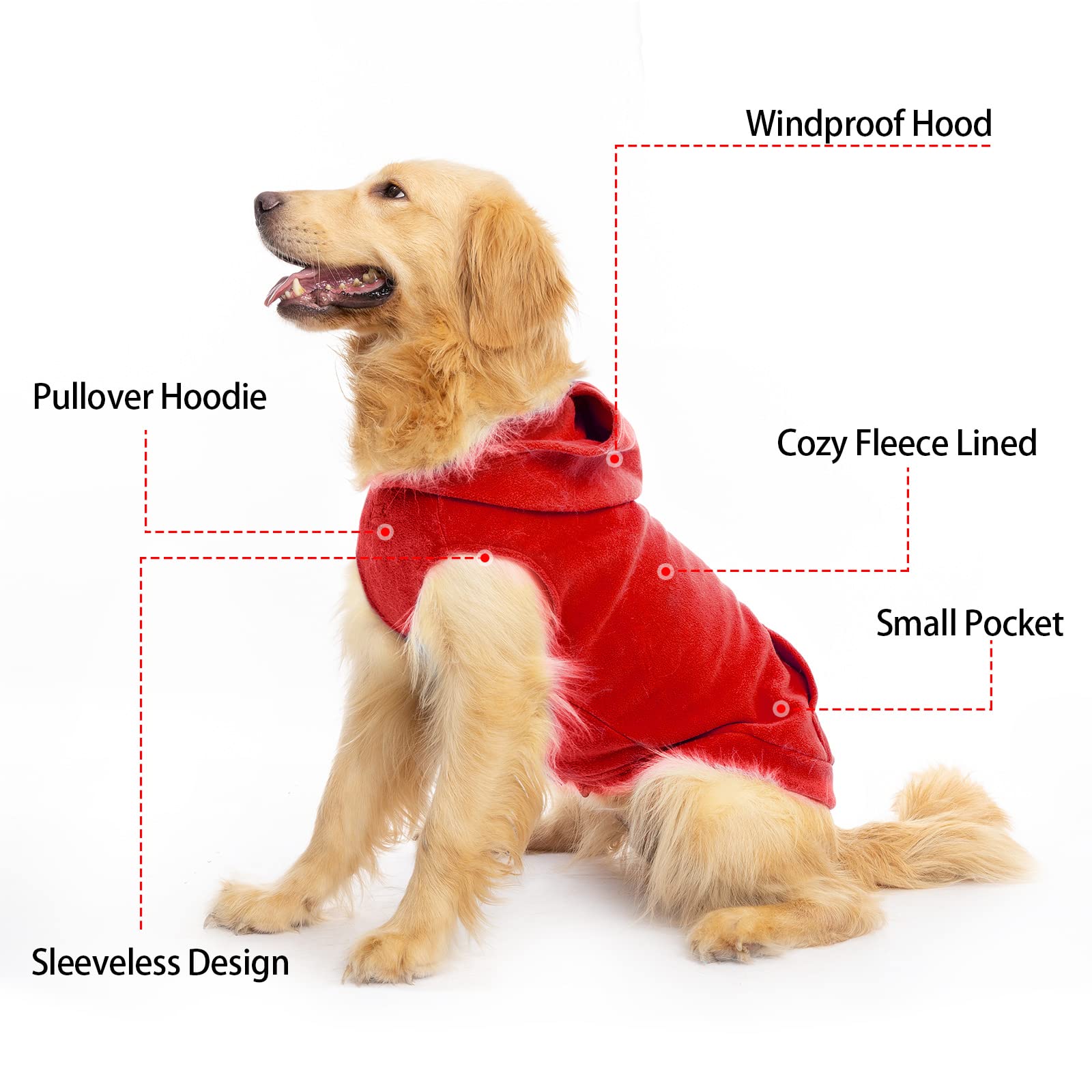 Expawlorer Dog Hoodie With Pocket, Polar Fleece Dog Sweatshirt Fall Cold Winter Sleeveless Sweater With Hood, Warm Cozy Pet Clothes For Small To Large Dogs Boys And Girls (Red, Xl)
