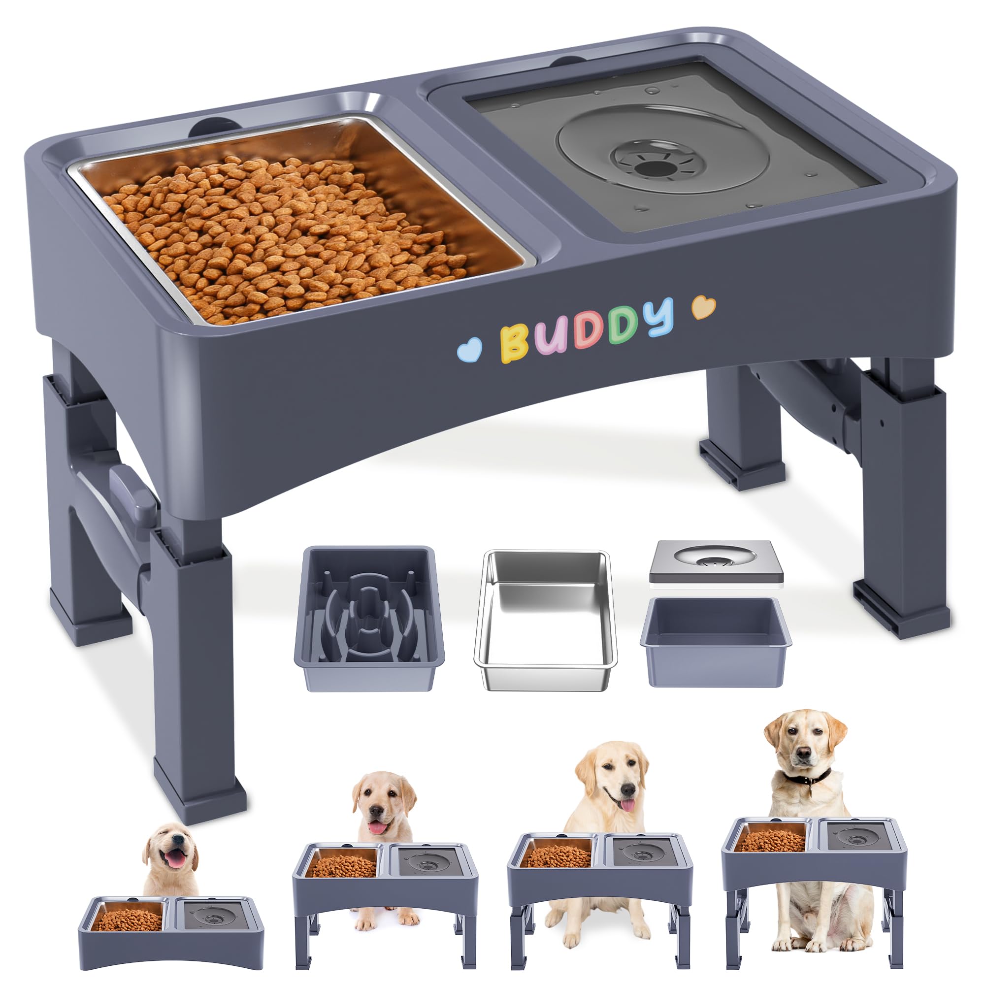 Decflow 3-In-1 Elevated Dog Bowls - 4 Height Adjustable, Stainless Steel, Slow Feeder, No Spill Water Bowl, Foldable For Medium 