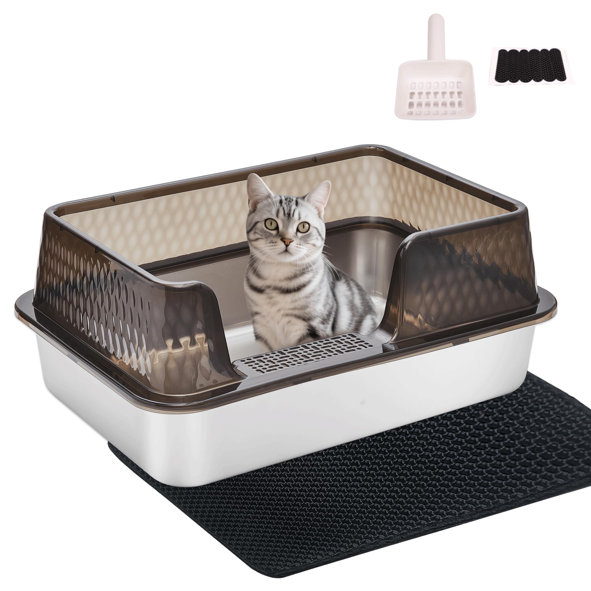 Kittenhood Medium Low Entry Enclosed Stainless Steel Cat Litter Box with lid Scoop and Pads Easy Clean Kitten Kitty Transparent 