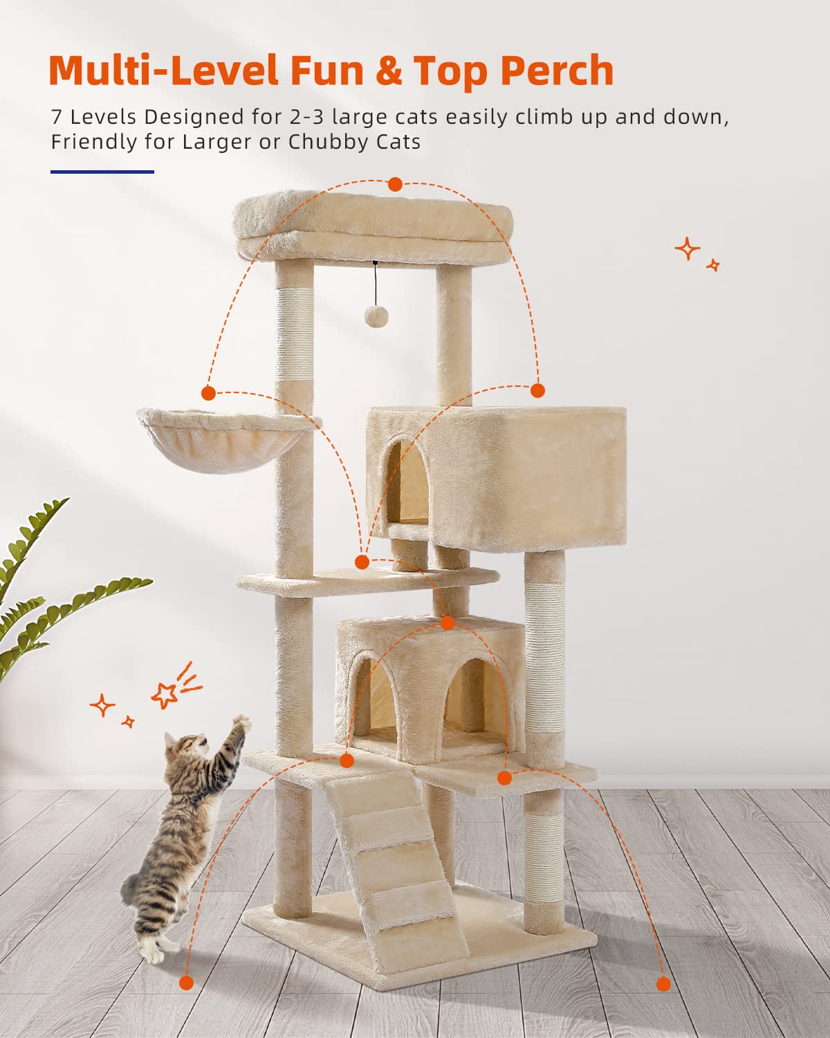 Muttros Cat Tree For Large Cats With Super Large Top Perch,56.2'' Multi-Level Tower For Indoor Cats With Hammock And Sleeping Ba