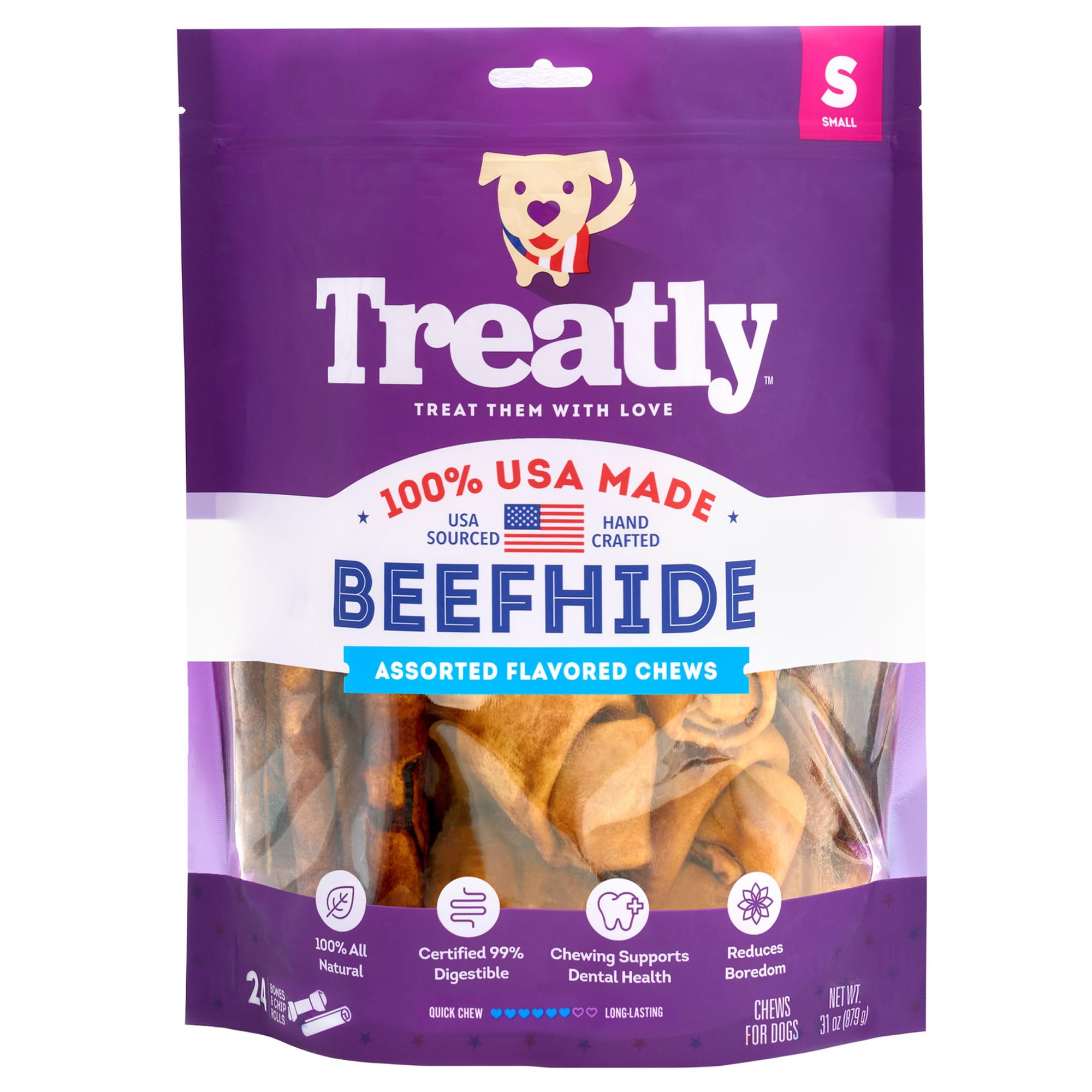 Treatly USA Beefhide Small Assorted Dog Chew Treats - Chicken & Beef Flavor, 24 Count/1 Pack
