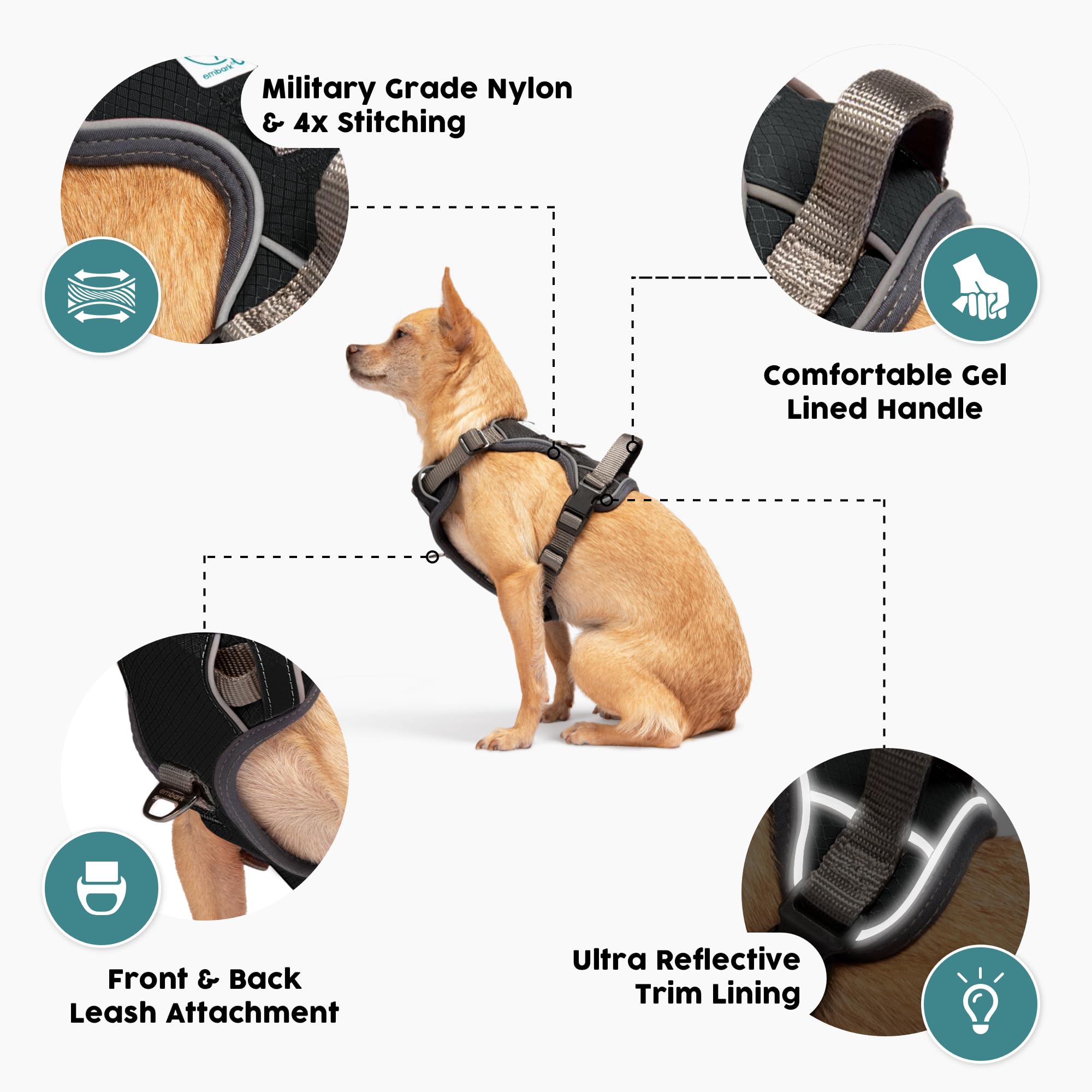 Embark Adventure Dog Harness, No Pull Dog Harness With 2 Leash Clips, Dog Harness For Medium Dogs No Pull. Front & Back With Control Handle, Adjustable Black Dog Vest, Soft & Padded For Comfort