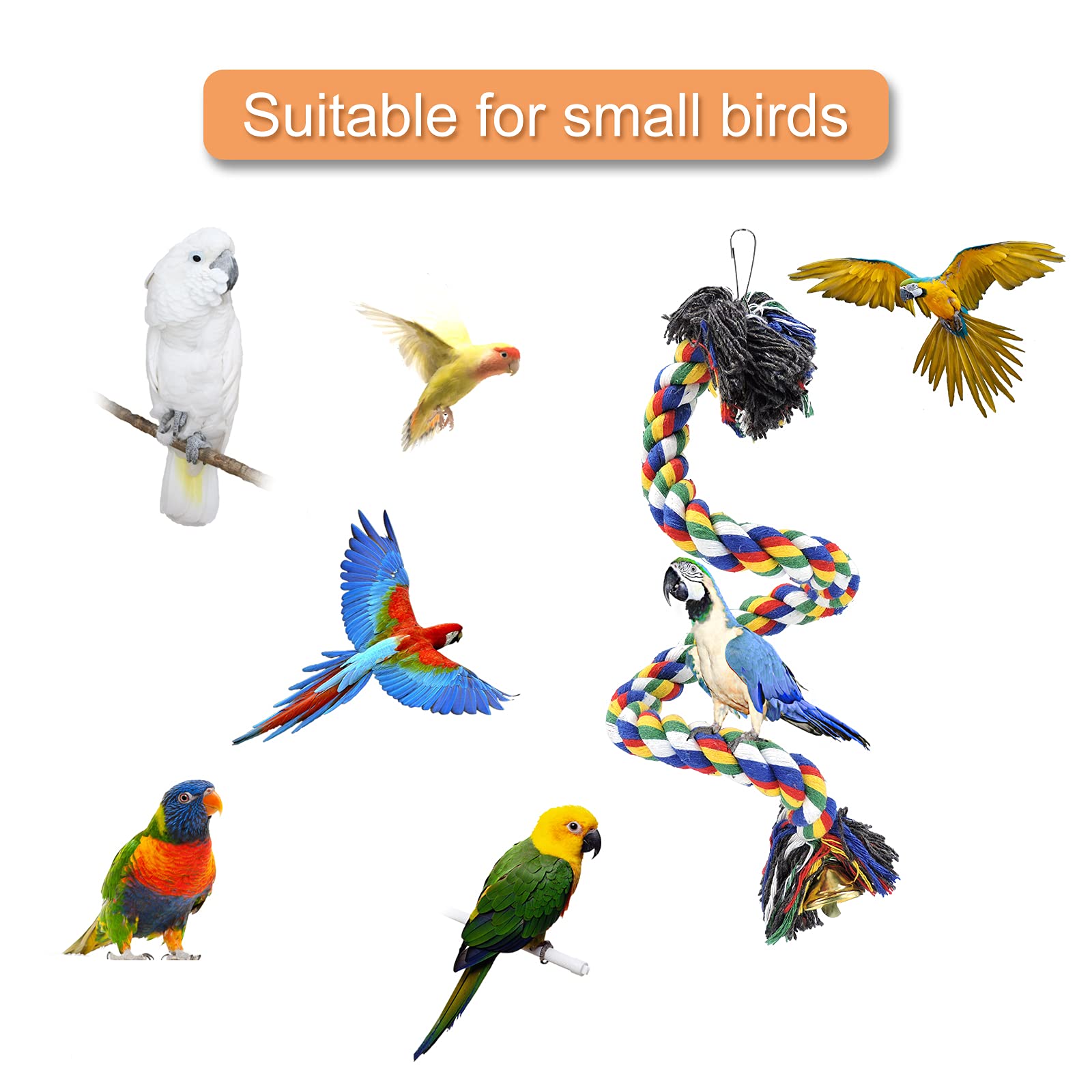 Wishlotus Bird Perches, Parrot Colorful Climbing Rope Swing Toys Parrot Stand With Bell And Hanging Clip For Parrots, Budgies, M