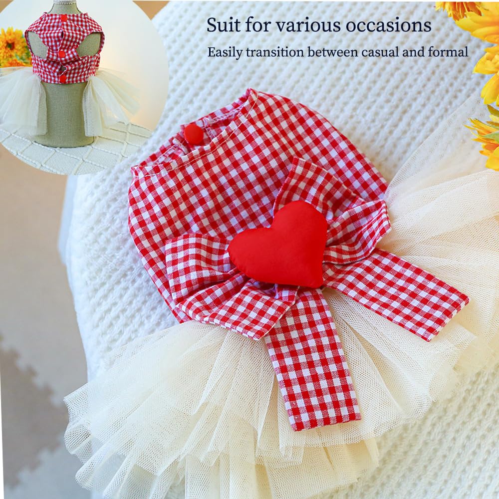 Anelekor Plaid Small Dog Dress With Leash Ring Valentines Cat Outfit Dog Tutu Princess Holiday Puppy Clothes With Bow Knot And H