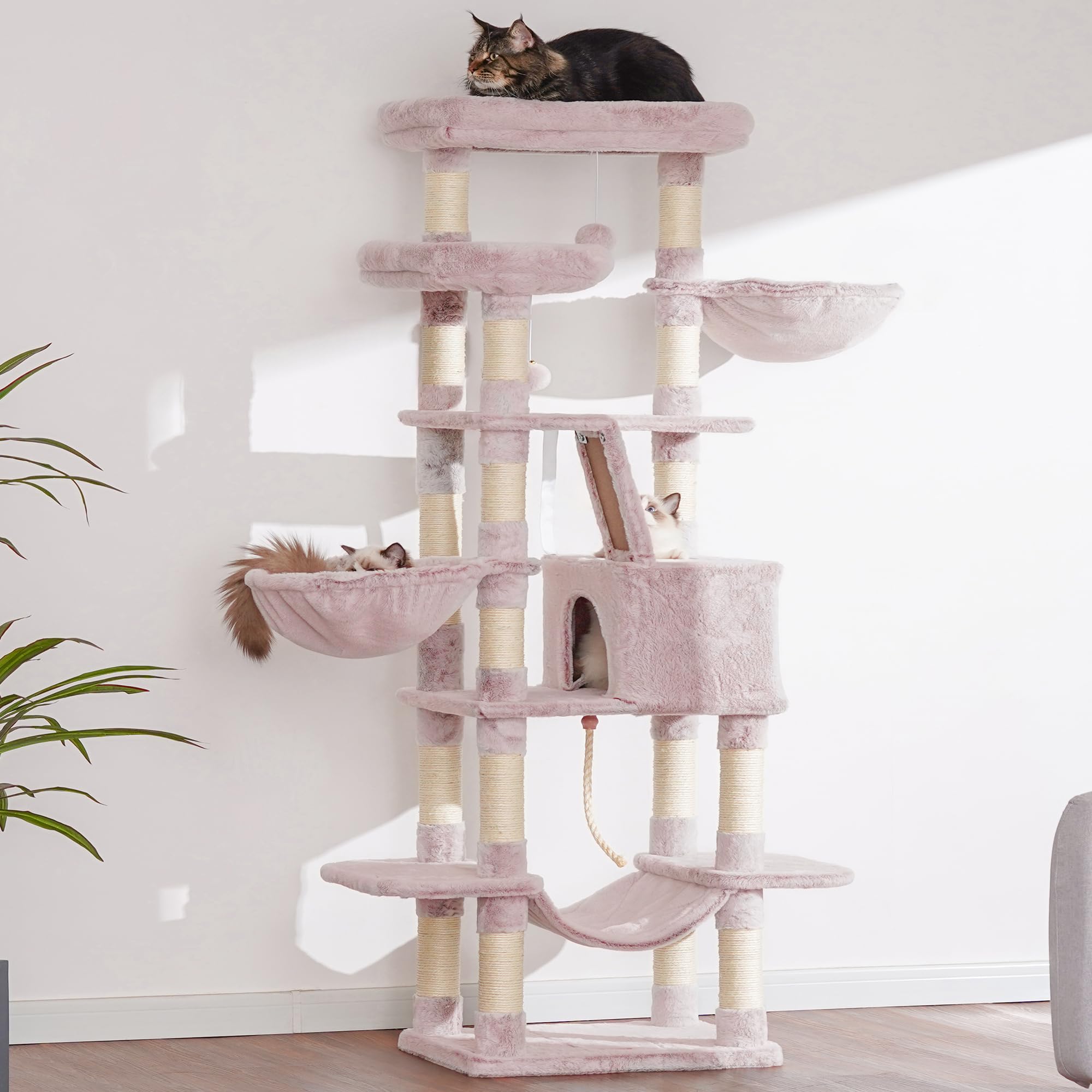 Heybly Cat Tree, 68 Inch Multi-Level Cat Tower For Indoor Cats, 2 Widened Plush Perches Cat Condo With Scratching Board And Big