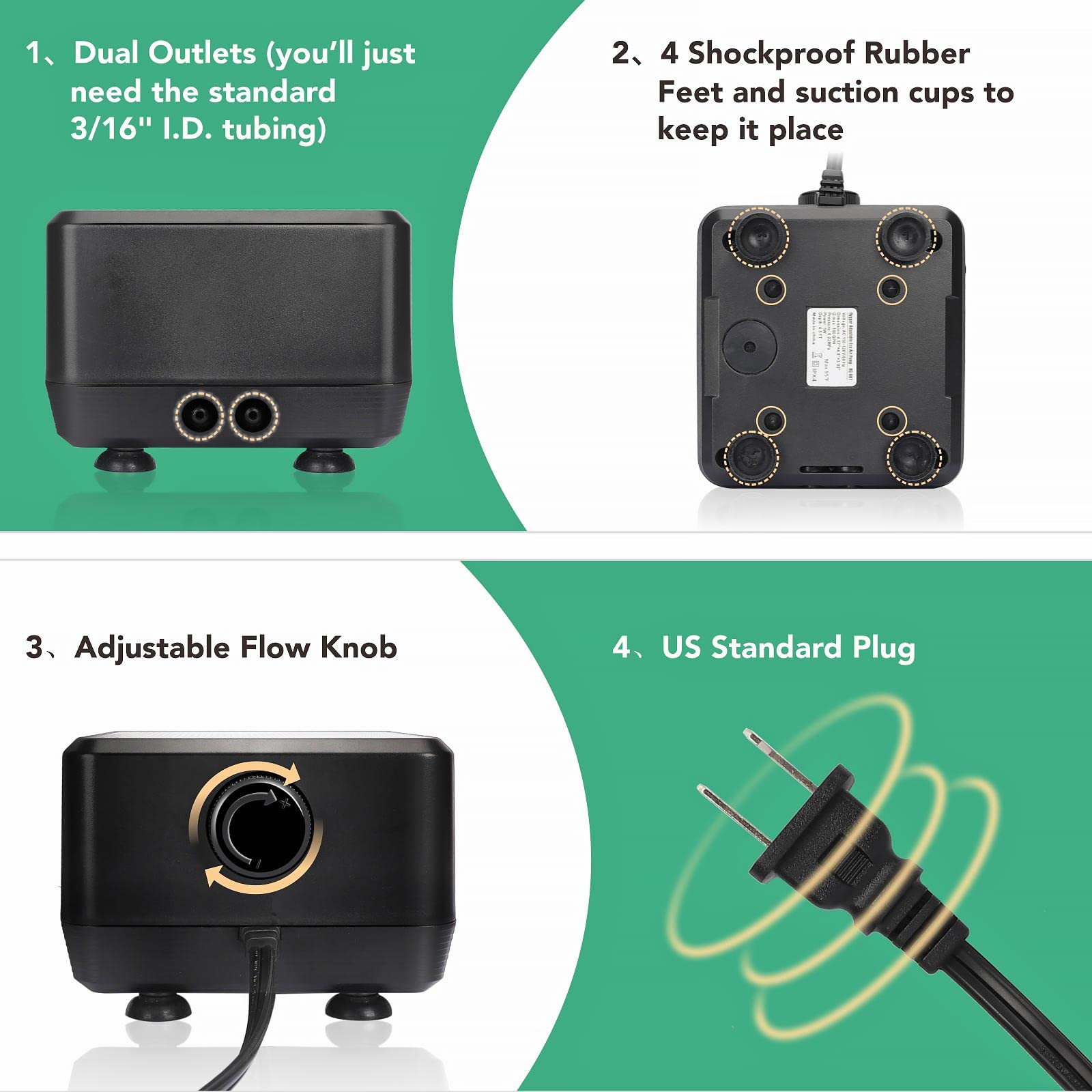 Hygger Adjustable 5W Aquarium Air Pump With 2 Ports For 20~180 Gallon Fish Tank 160Gph Aquatic Aerator Oxygen Pump (5W Up To 180