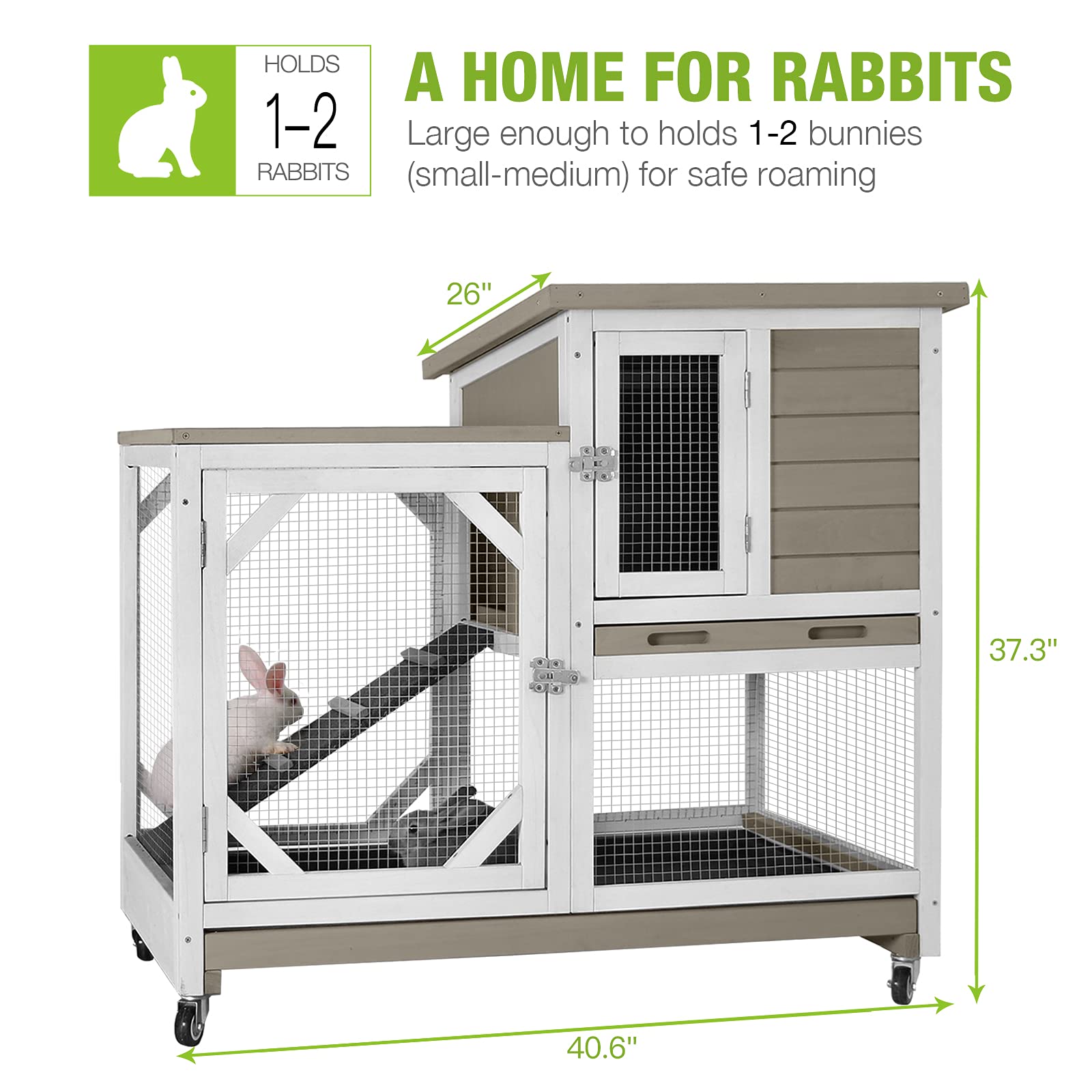 Gutinneen Indoor Outdoor Rabbit Hutch, Bunny Cage On Wheels With 2 Deep No Leakage Pull Out Trays (Without Bottom Wire Mesh)