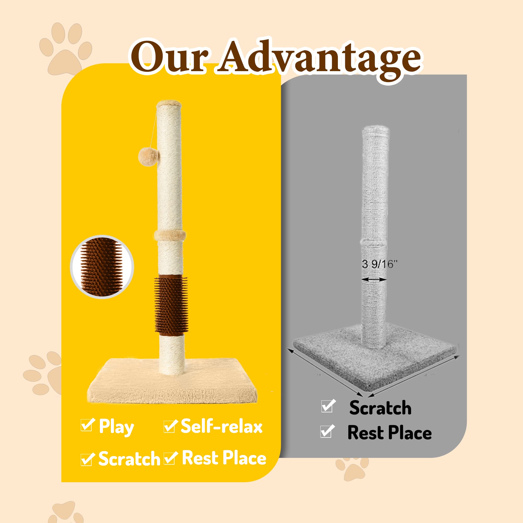 Meowhomm 32'' Cat Scratching Post With Self Groomer Cat Brush, Sisal Rope Tall Cat Scratching Post With Soft Hanging Ball For In